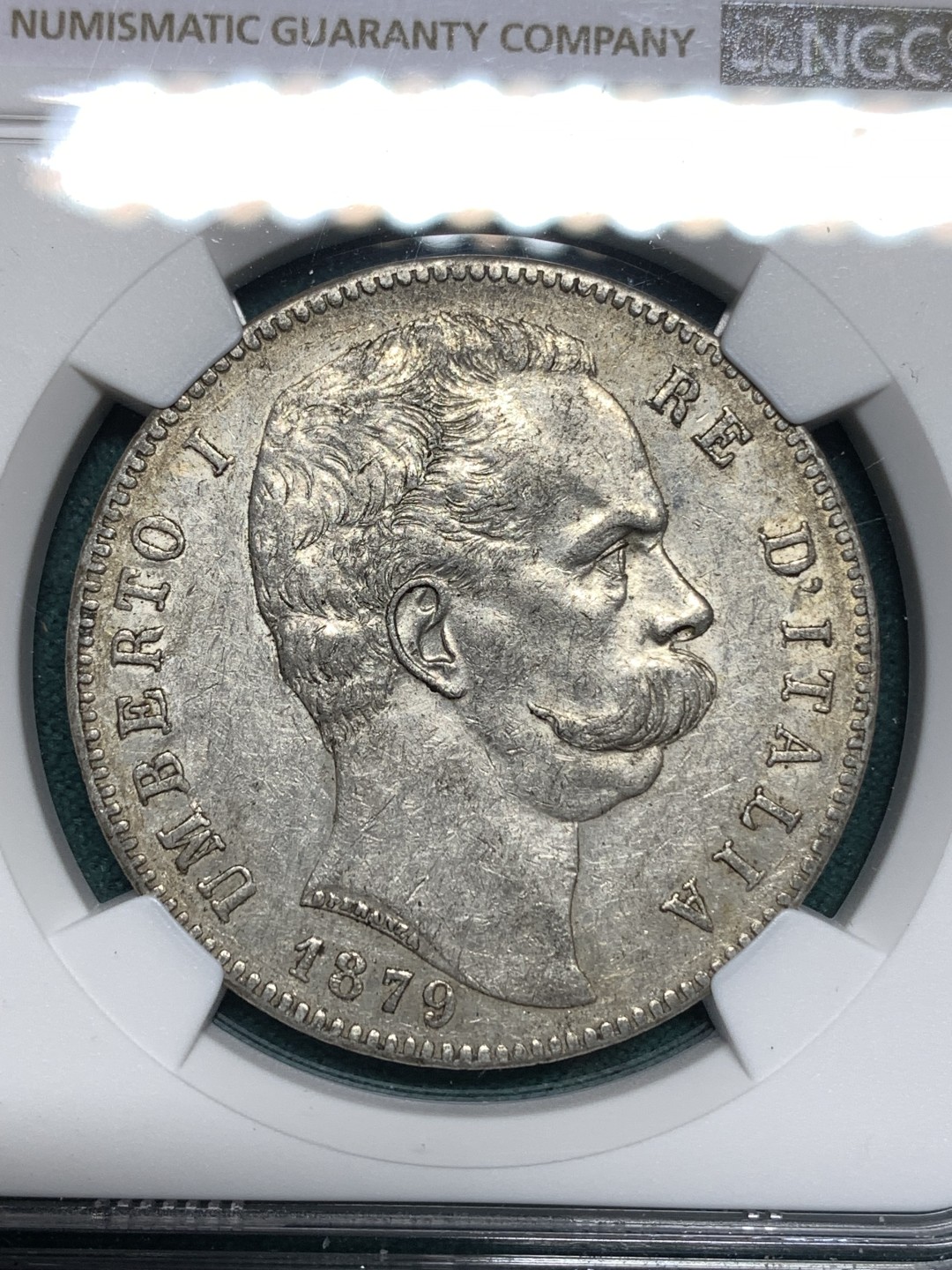 《竞宝斋》第167场-周日，周一，周四 3场 (全场包邮) NGC-AU50 意大利1879年 翁贝托5里拉大银币 老包浆 难得50分