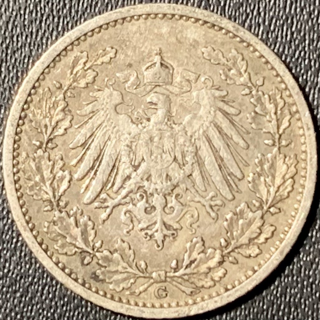 紫瑗钱币——第294期拍卖 德国 1905年 G版 第二帝国 1/2马克 2.77克 0.9银