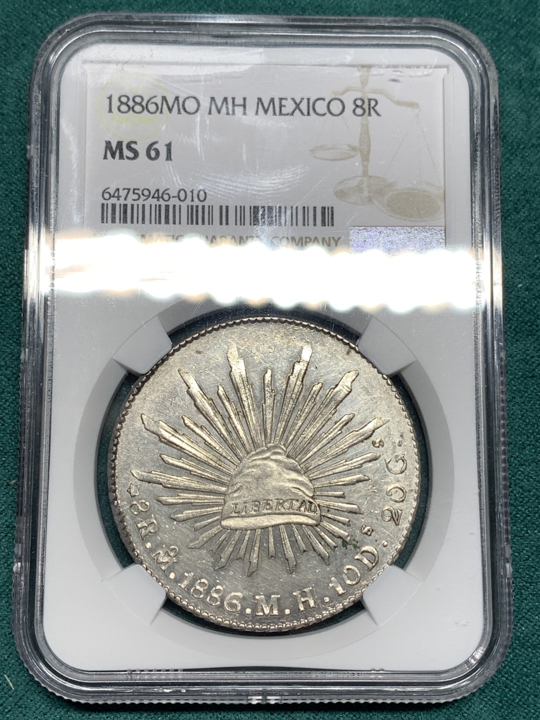 《竞宝斋》第167场-周日，周一，周四 3场 (全场包邮) NGC-MS61 墨西哥 1886 8瑞尔 花边鹰洋 银币 底板很不错 光度很足