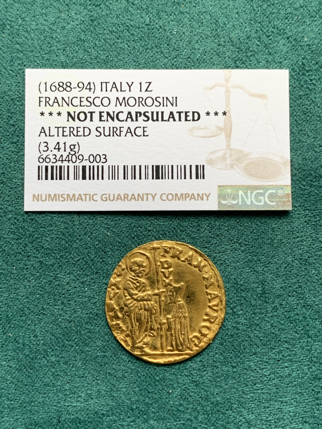 《竞宝斋》第167场-周日，周一，周四 3场 (全场包邮) 1688-94 威尼斯共和国 杜卡特金币 3.41克 999金  上海没法评级 送的美国N，给了状态改变 充分流通的必然结果