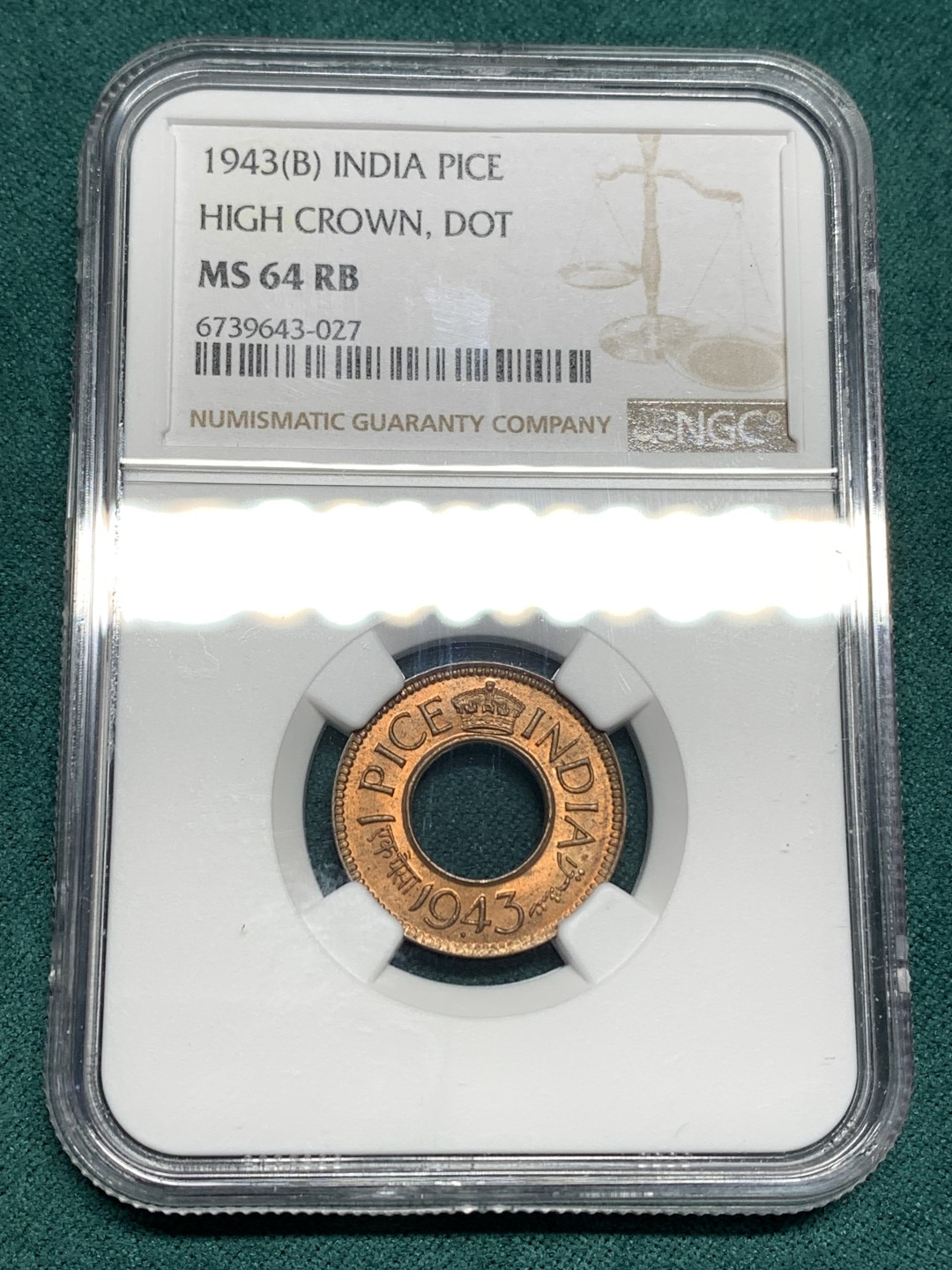 《竞宝斋》第167场-周日，周一，周四 3场 (全场包邮) NGC MS64RB 英属印度 1943年B版 乔治六世 1派沙大孔铜币 高冠版 少见年份