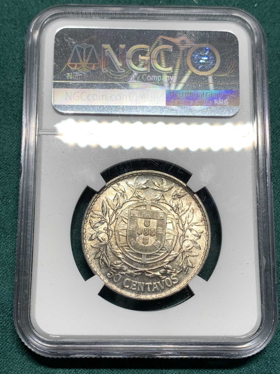 《竞宝斋》第167场-周日，周一，周四 3场 (全场包邮) NGC-MS64 葡萄牙1916年 自由女神半圆银币 顶级曝光品相 这品种63以上就少了