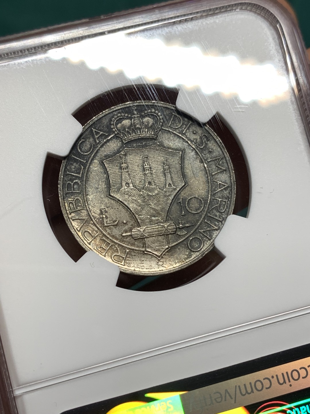 《竞宝斋》第167场-周日，周一，周四 3场 (全场包邮) NGC MS62，圣马力诺 1936年10里拉。少年分正义女神，光度很好、深包浆