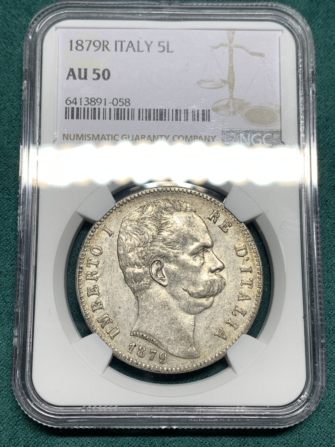 《竞宝斋》第167场-周日，周一，周四 3场 (全场包邮) NGC-AU50 意大利1879年 翁贝托5里拉大银币 老包浆 难得50分