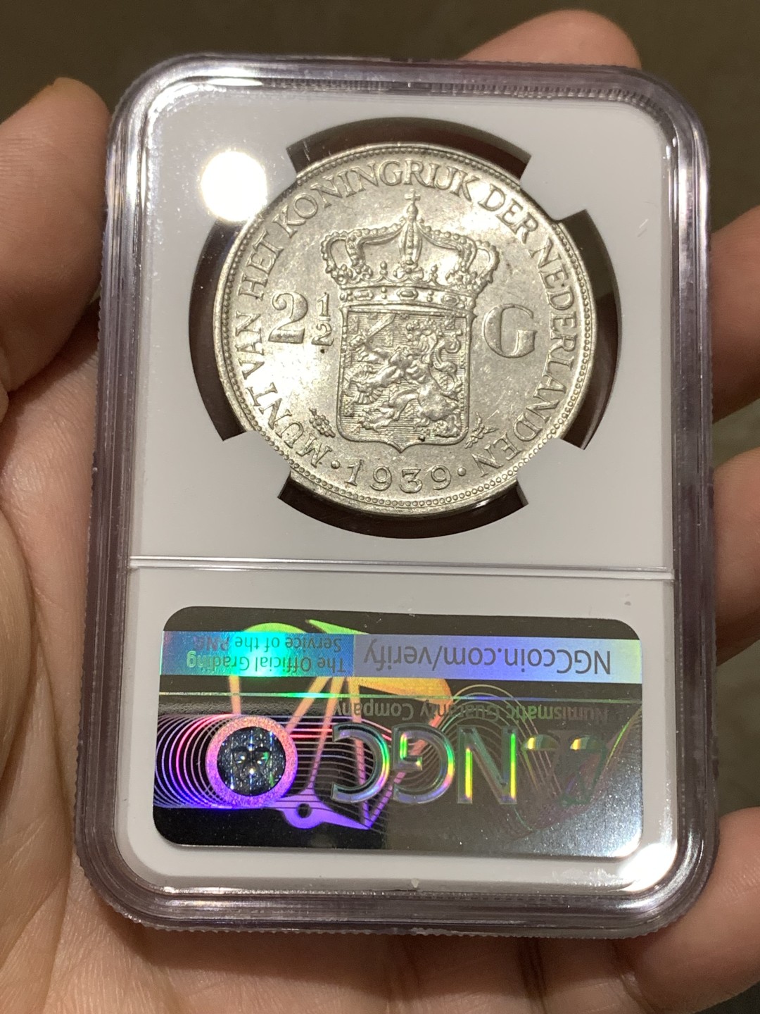 《竞宝斋》第167场-周日，周一，周四 3场 (全场包邮) 亚军分 NGC MS63 荷兰 1939年 威廉明娜  2.5G 大银币