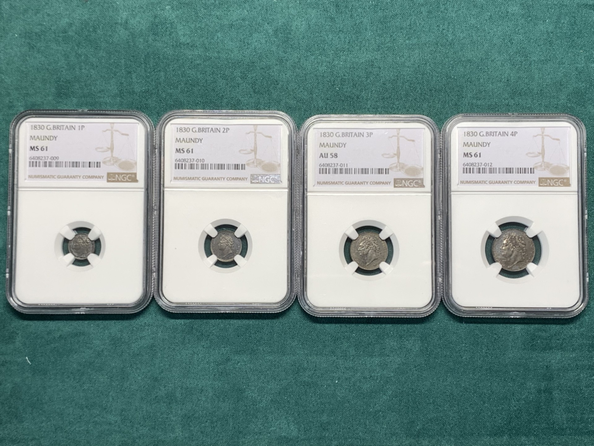 《竞宝斋》第167场-周日，周一，周四 3场 (全场包邮) NGC AU58-MS61 英国 1830年 乔治四世 濯足节银币 通体欧洲五彩包浆 低评状态 乔四在位仅9年 发行量比后面的濯足币少很多 全套有分不容易 参考2018年外拍一套状态稍逊的裸币成交432美元