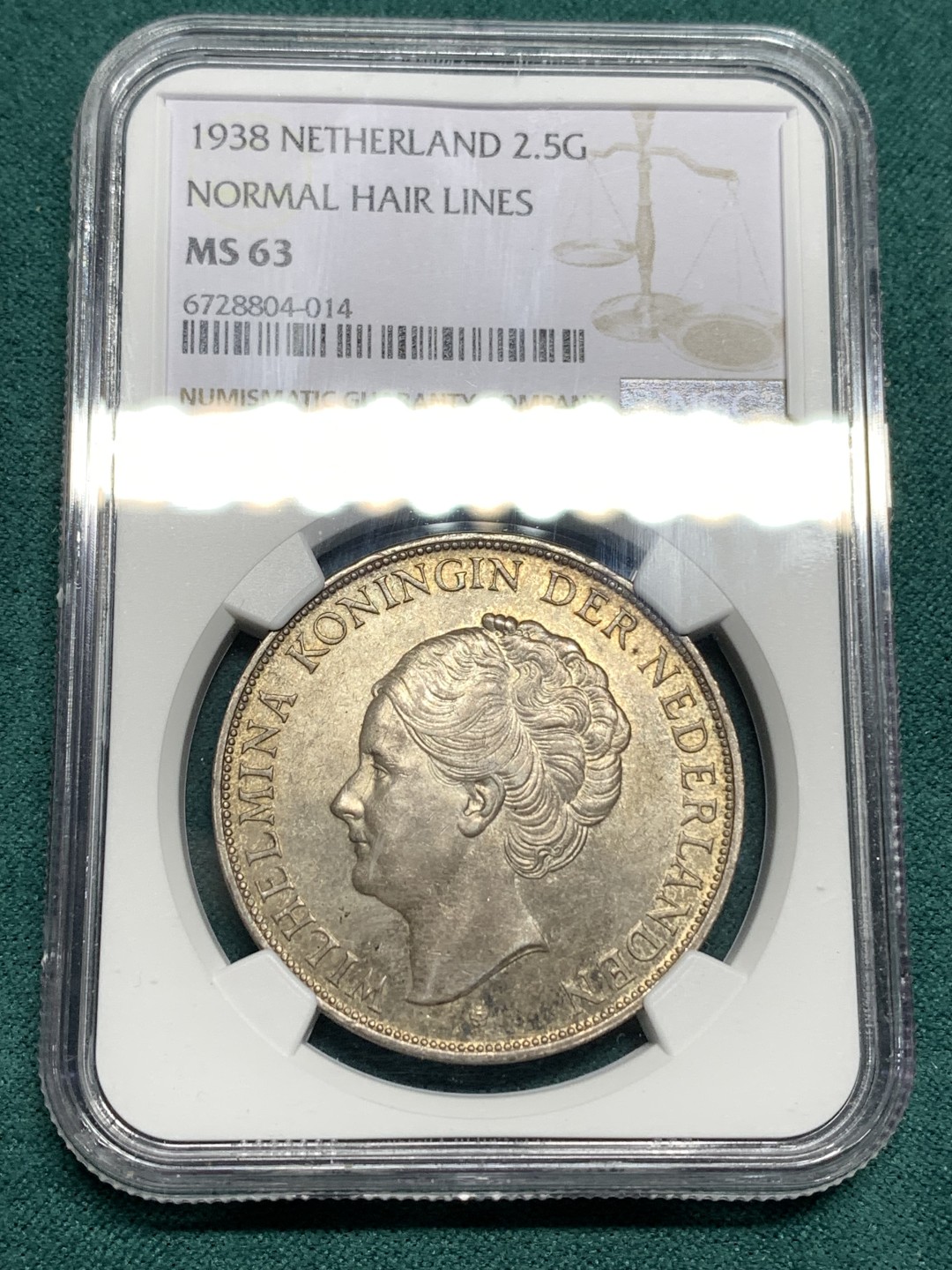 《竞宝斋》第167场-周日，周一，周四 3场 (全场包邮) NGC MS63 荷兰 1938年 威廉明娜 深发版 2.5G 大银币 更高分只有2枚