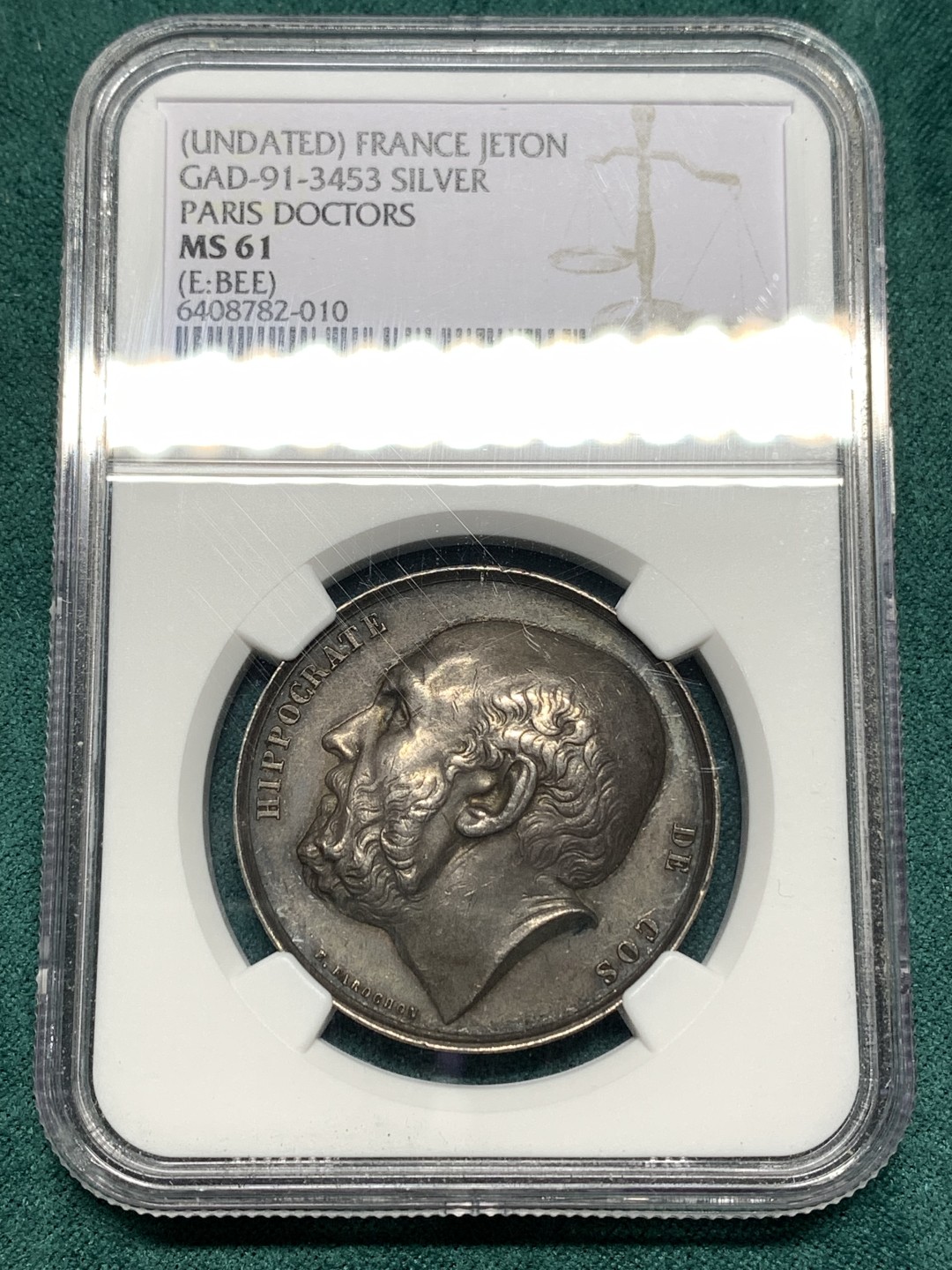 《竞宝斋》第167场-周日，周一，周四 3场 (全场包邮) NGC MS61 法国 第三帝国 巴黎医生 银质圆形代币 深彩包浆 难得品种