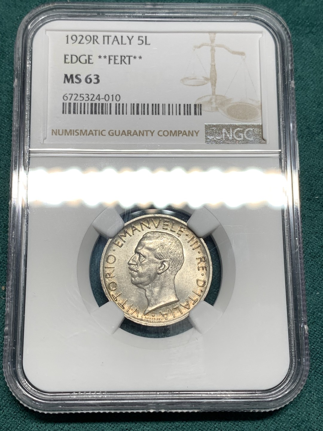 《竞宝斋》第167场-周日，周一，周四 3场 (全场包邮) NGC MS63 1929年意大利鹰徽5里拉银币 品相状态非常棒