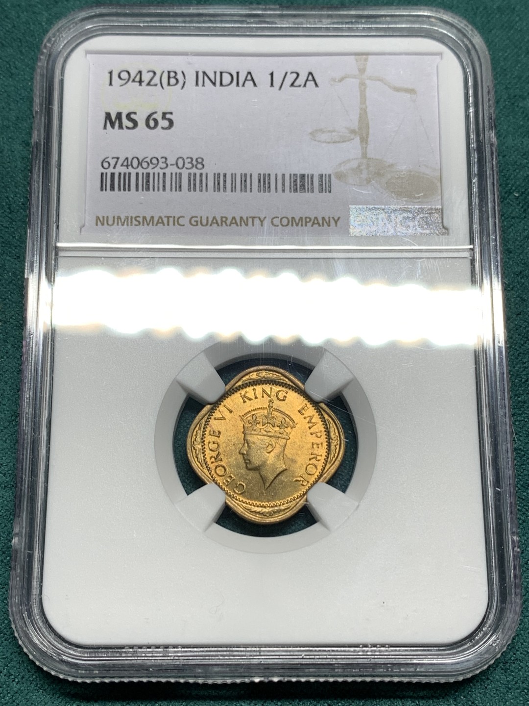 《竞宝斋》第167场-周日，周一，周四 3场 (全场包邮) NGC-MS65 英属印度 乔治六世 1942年B版 1/2安娜 铜币 极品原光 完美铜币黄光