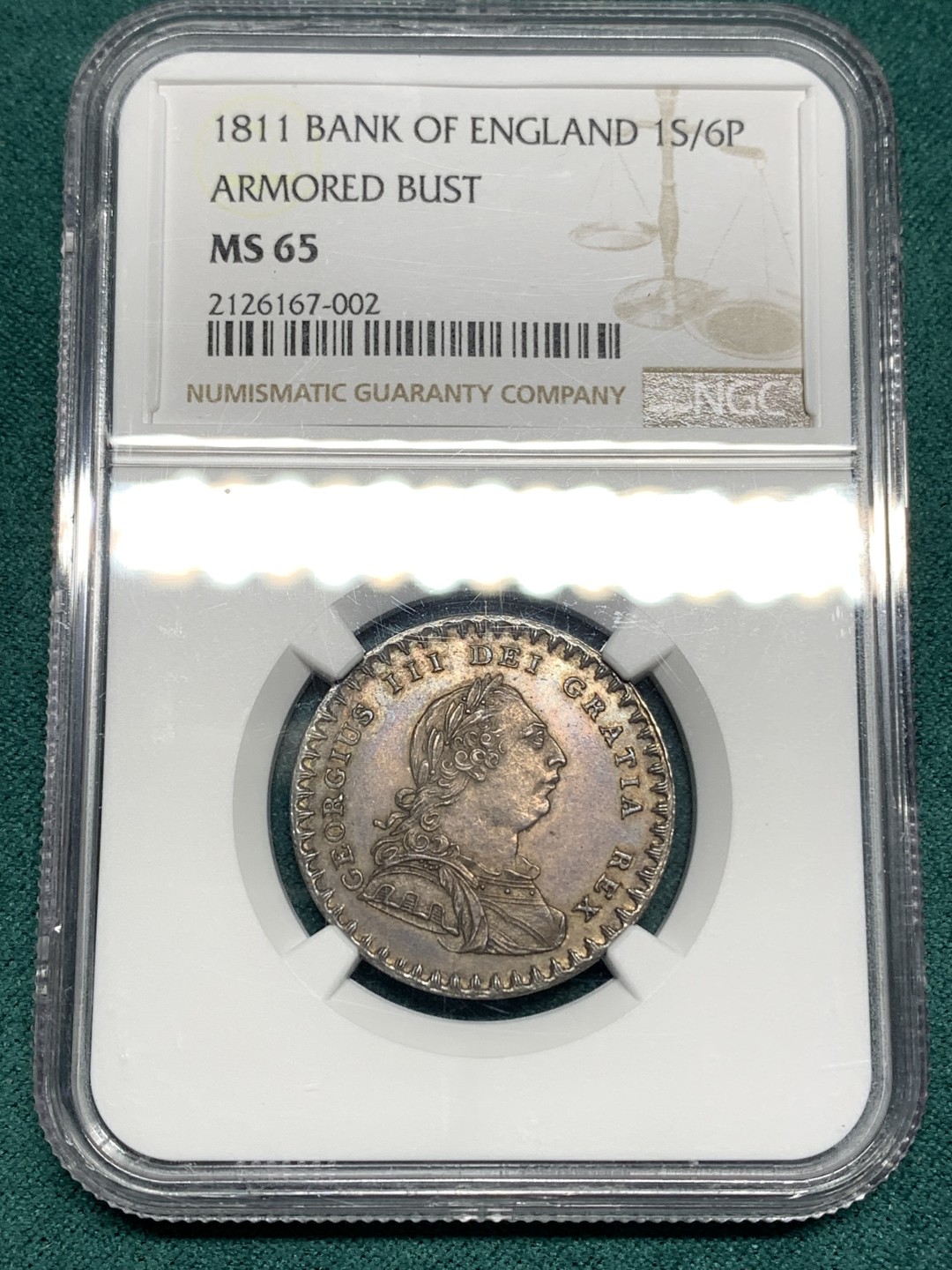 《竞宝斋》第167场-周日，周一，周四 3场 (全场包邮) NGC MS65 英国英格兰银行 1811年 乔治三世 1先令6便士（18便士）银行官方代币 双面紫罗兰包浆 高分难寻 收藏级品相
