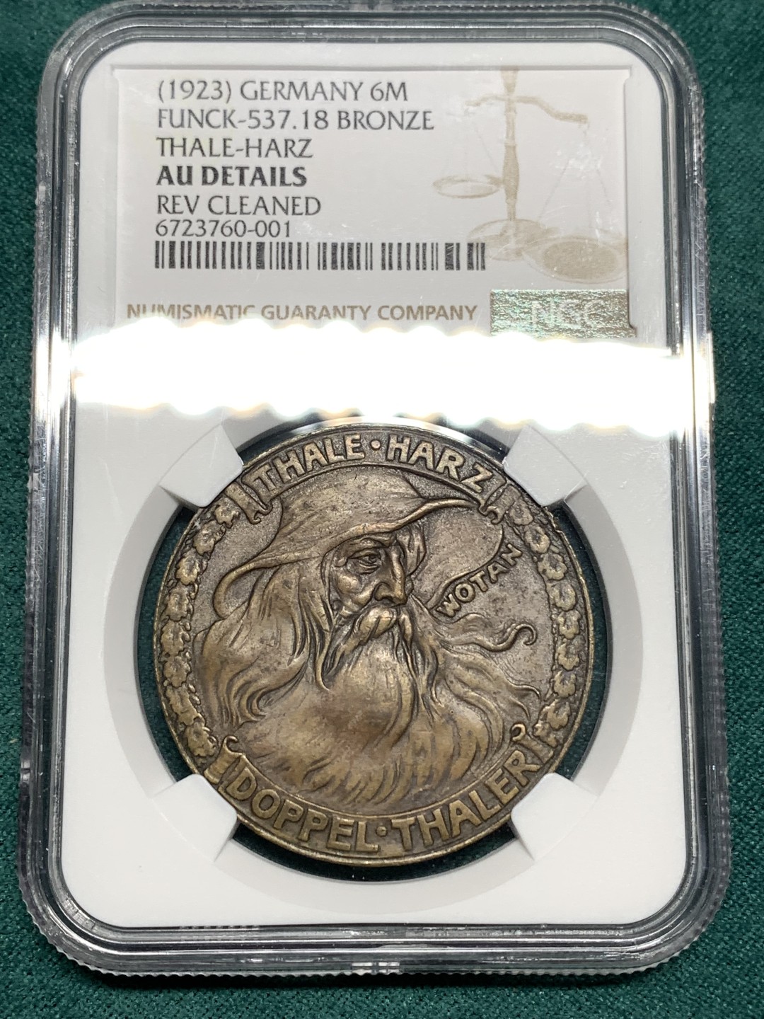 《竞宝斋》第167场-周日，周一，周四 3场 (全场包邮) NGC-AUD 德国紧急状态时期塔勒哈茨山涧 1923年 6马克(无星版)  大铜币 德紧币中的稀少品种在芬克目录中也是很难得的品类