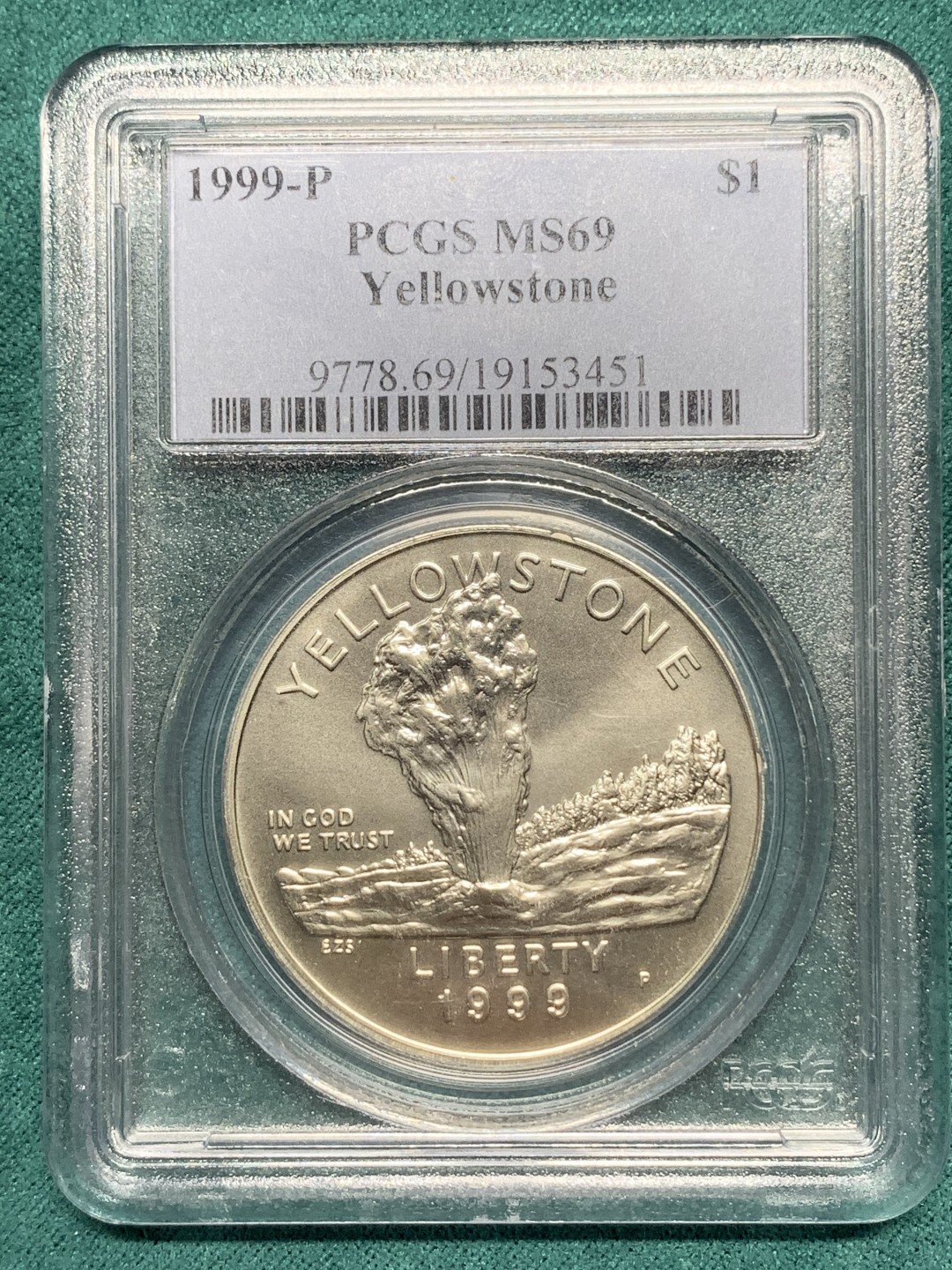 《竞宝斋》第167场-周日，周一，周四 3场 (全场包邮) PCGS-MS69 美国 1999年黄石公园纪念银币 图案为精美的喷泉、野牛图案