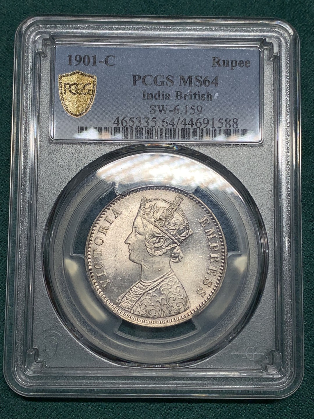 《竞宝斋》第167场-周日，周一，周四 3场 (全场包邮) PCGS-MS64分，英属印度 1901 小维多利亚1卢比银币，稀少版别，亚军分，ngc最高64分
