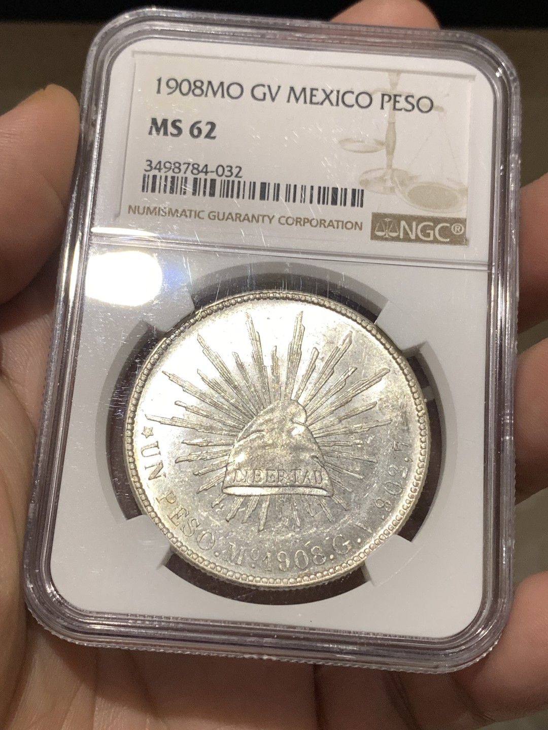 《竞宝斋》第167场-周日，周一，周四 3场 (全场包邮) NGC-MS62 墨西哥 1908 MO GV 直边鹰洋 1比索大银币