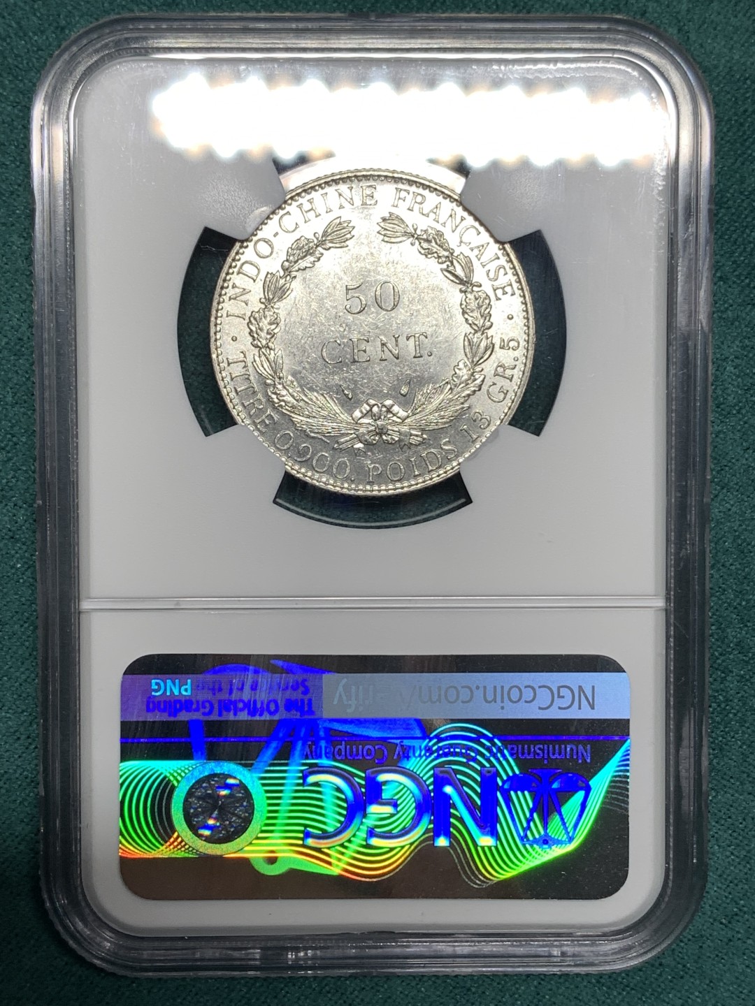 《竞宝斋》第167场-周日，周一，周四 3场 (全场包邮) NGC-MS62 法属印支 1936年 50分 银币 高浮雕 转光十足 PL底板