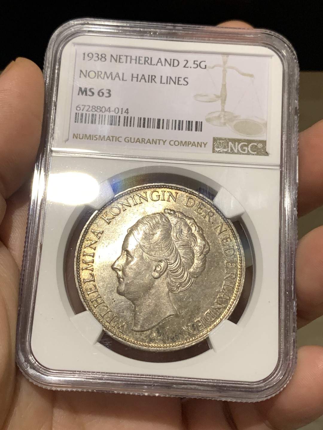 《竞宝斋》第167场-周日，周一，周四 3场 (全场包邮) NGC MS63 荷兰 1938年 威廉明娜 深发版 2.5G 大银币 更高分只有2枚