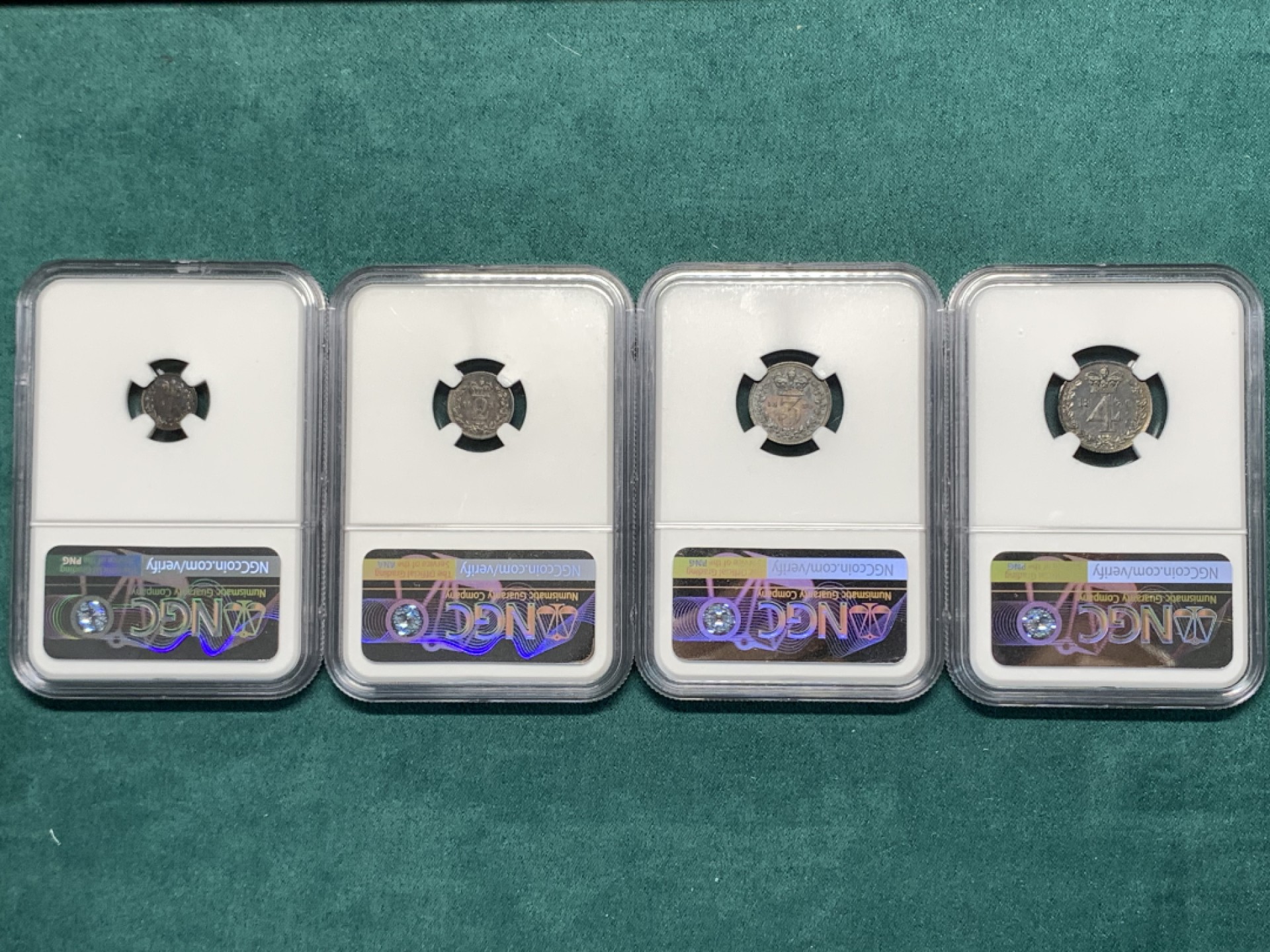 《竞宝斋》第167场-周日，周一，周四 3场 (全场包邮) NGC AU58-MS61 英国 1830年 乔治四世 濯足节银币 通体欧洲五彩包浆 低评状态 乔四在位仅9年 发行量比后面的濯足币少很多 全套有分不容易 参考2018年外拍一套状态稍逊的裸币成交432美元