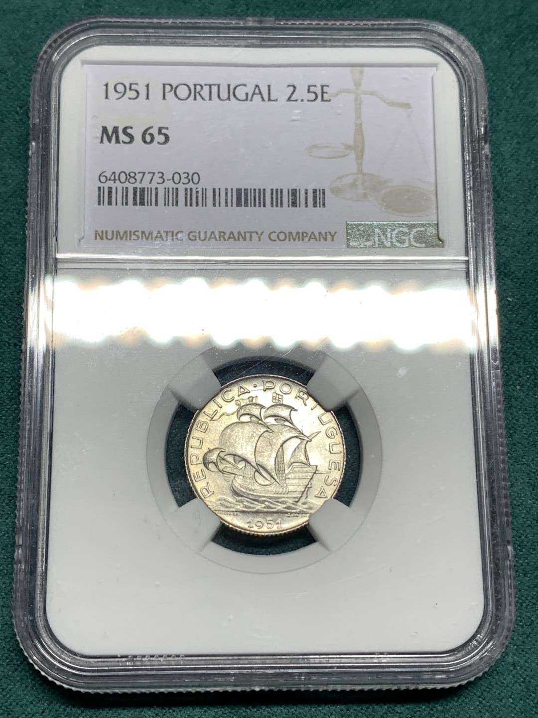 《竞宝斋》第167场-周日，周一，周四 3场 (全场包邮) NGC-MS65 葡萄牙1951年 大帆船2.5埃斯库多银币 可藏了