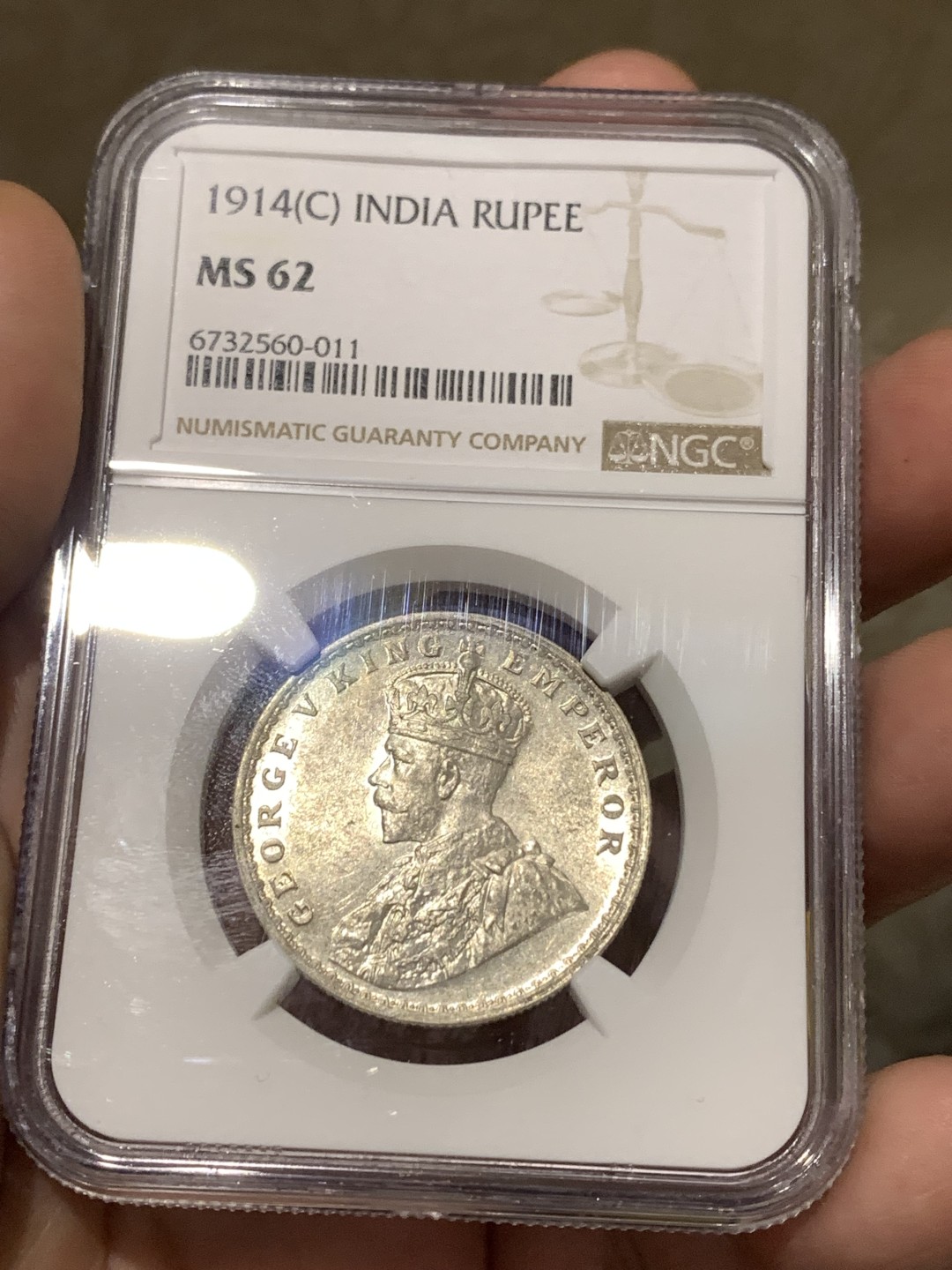 《竞宝斋》第167场-周日，周一，周四 3场 (全场包邮) NGC MS62 英属印度 1914 乔五卢比银币，状态不错的一枚