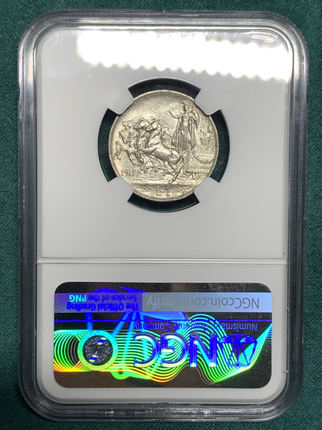 《竞宝斋》第167场-周日，周一，周四 3场 (全场包邮) NGC-MS63 意大利1917年马车一里拉银币，bu黄油光。