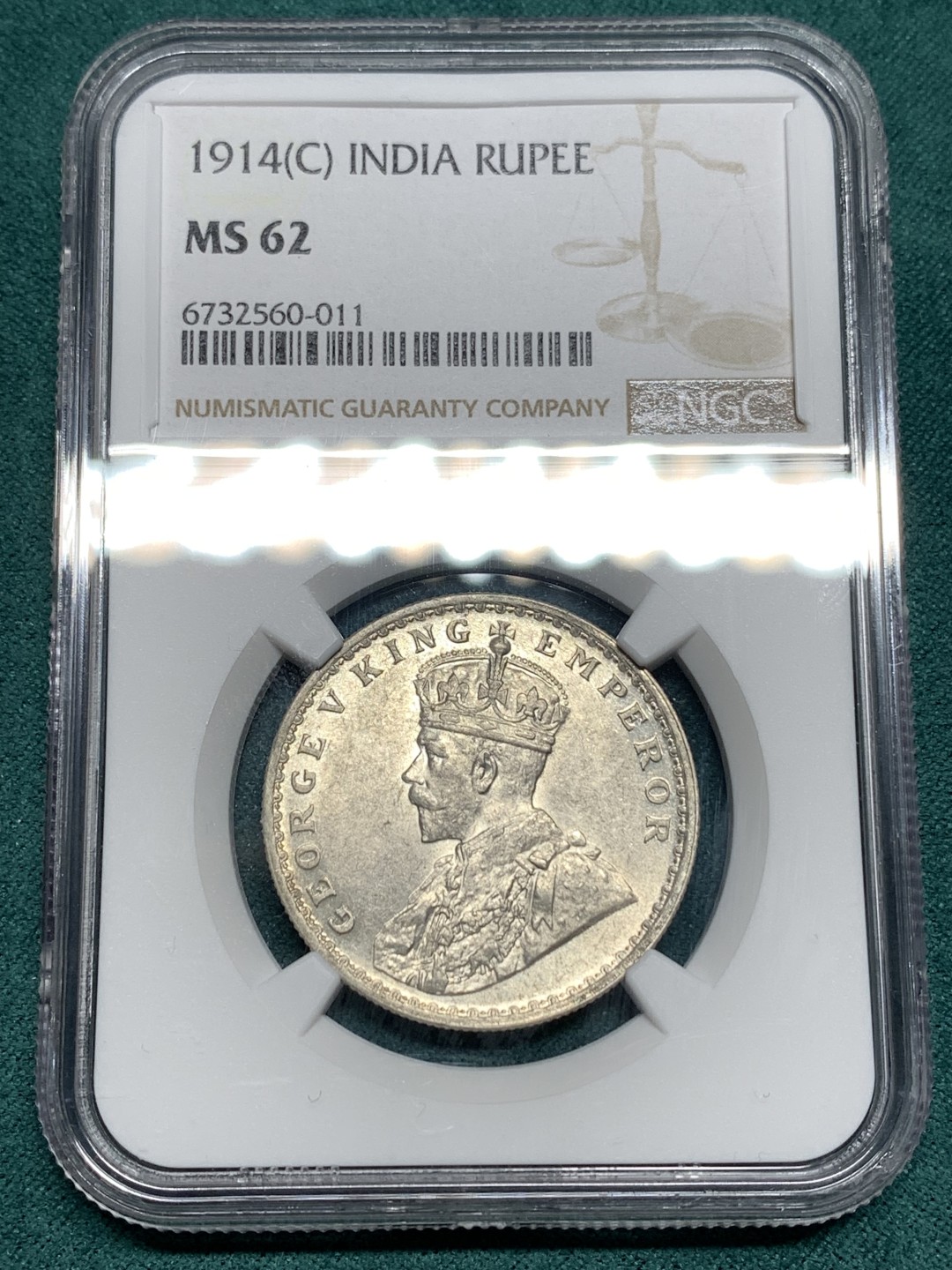 《竞宝斋》第167场-周日，周一，周四 3场 (全场包邮) NGC MS62 英属印度 1914 乔五卢比银币，状态不错的一枚