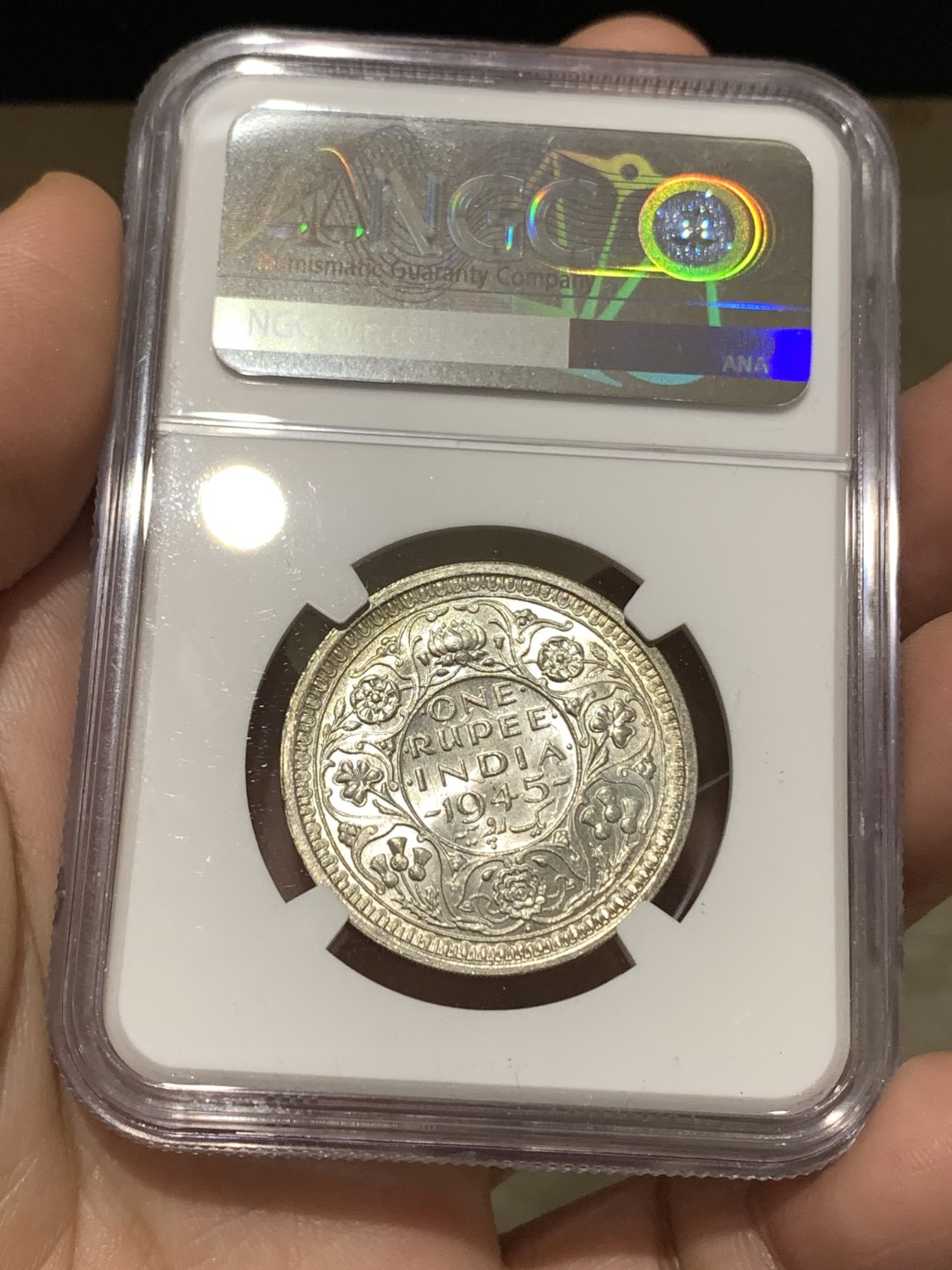 《竞宝斋》第167场-周日，周一，周四 3场 (全场包邮) NGC MS63 英属印度 1945年B版 乔治六世 1卢比银币 阴阳彩 光度一流 亚军分数 更高分仅1枚