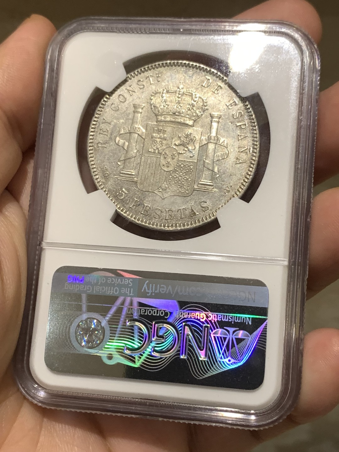 《竞宝斋》第167场-周日，周一，周四 3场 (全场包邮) NGC-MS62 西班牙 1899 SGV 阿方索十三世 双柱 5比塞塔 银币