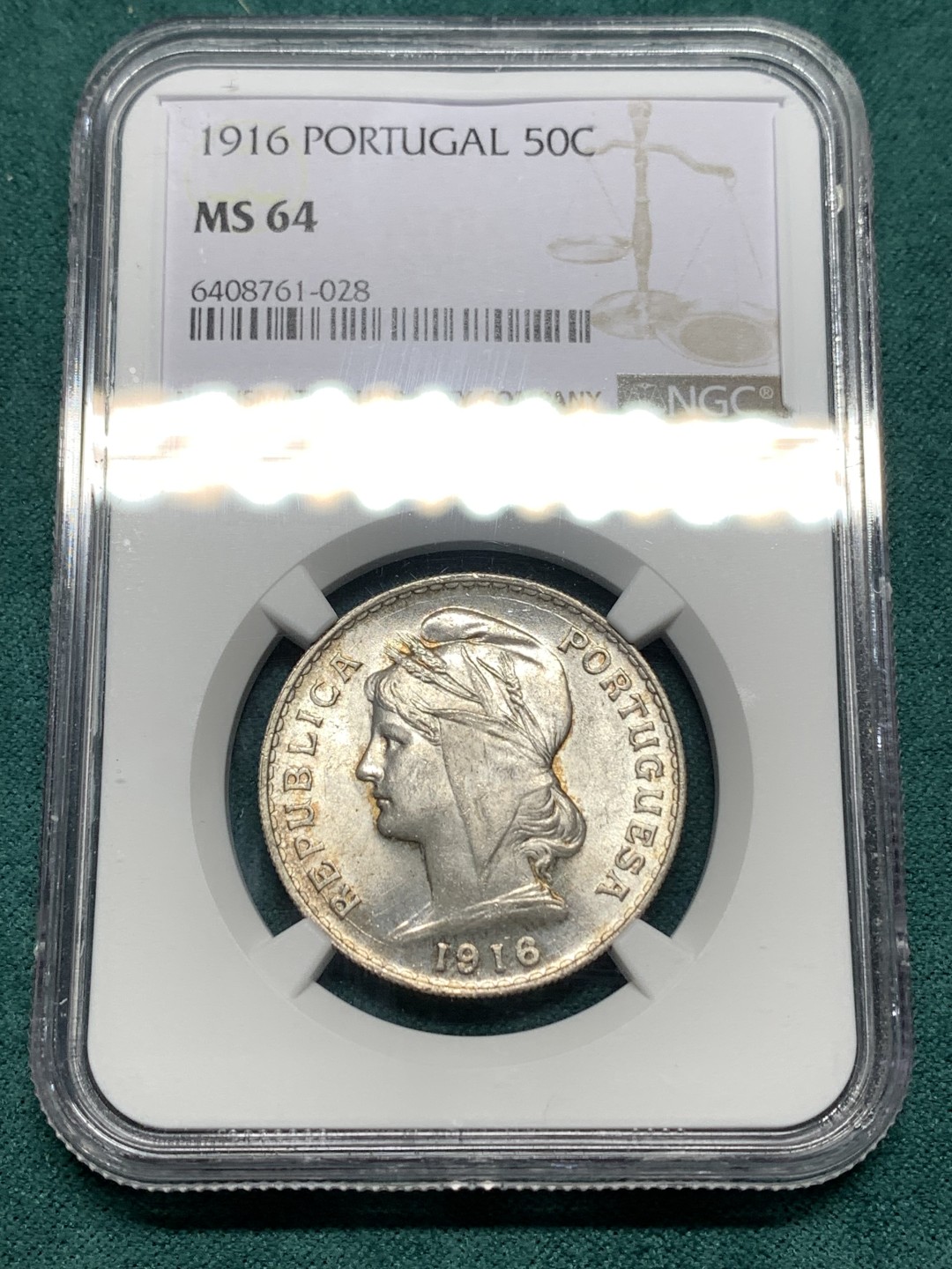 《竞宝斋》第167场-周日，周一，周四 3场 (全场包邮) NGC-MS64 葡萄牙1916年 自由女神半圆银币 顶级曝光品相 这品种63以上就少了