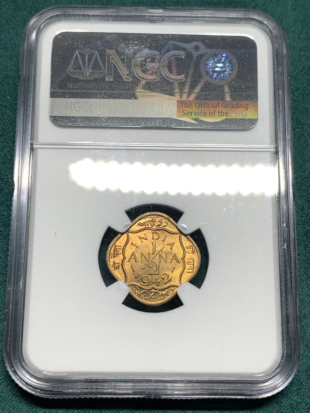 《竞宝斋》第167场-周日，周一，周四 3场 (全场包邮) NGC-MS65 英属印度 乔治六世 1942年B版 1/2安娜 铜币 极品原光 完美铜币黄光