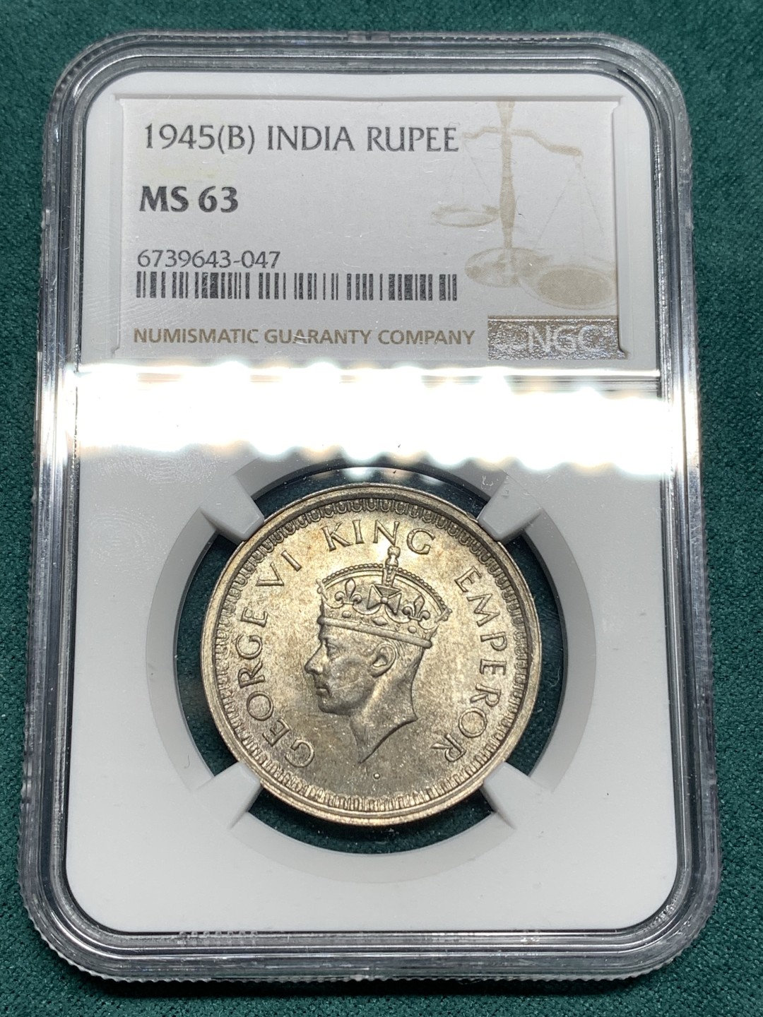 《竞宝斋》第167场-周日，周一，周四 3场 (全场包邮) NGC MS63 英属印度 1945年B版 乔治六世 1卢比银币 阴阳彩 光度一流 亚军分数 更高分仅1枚