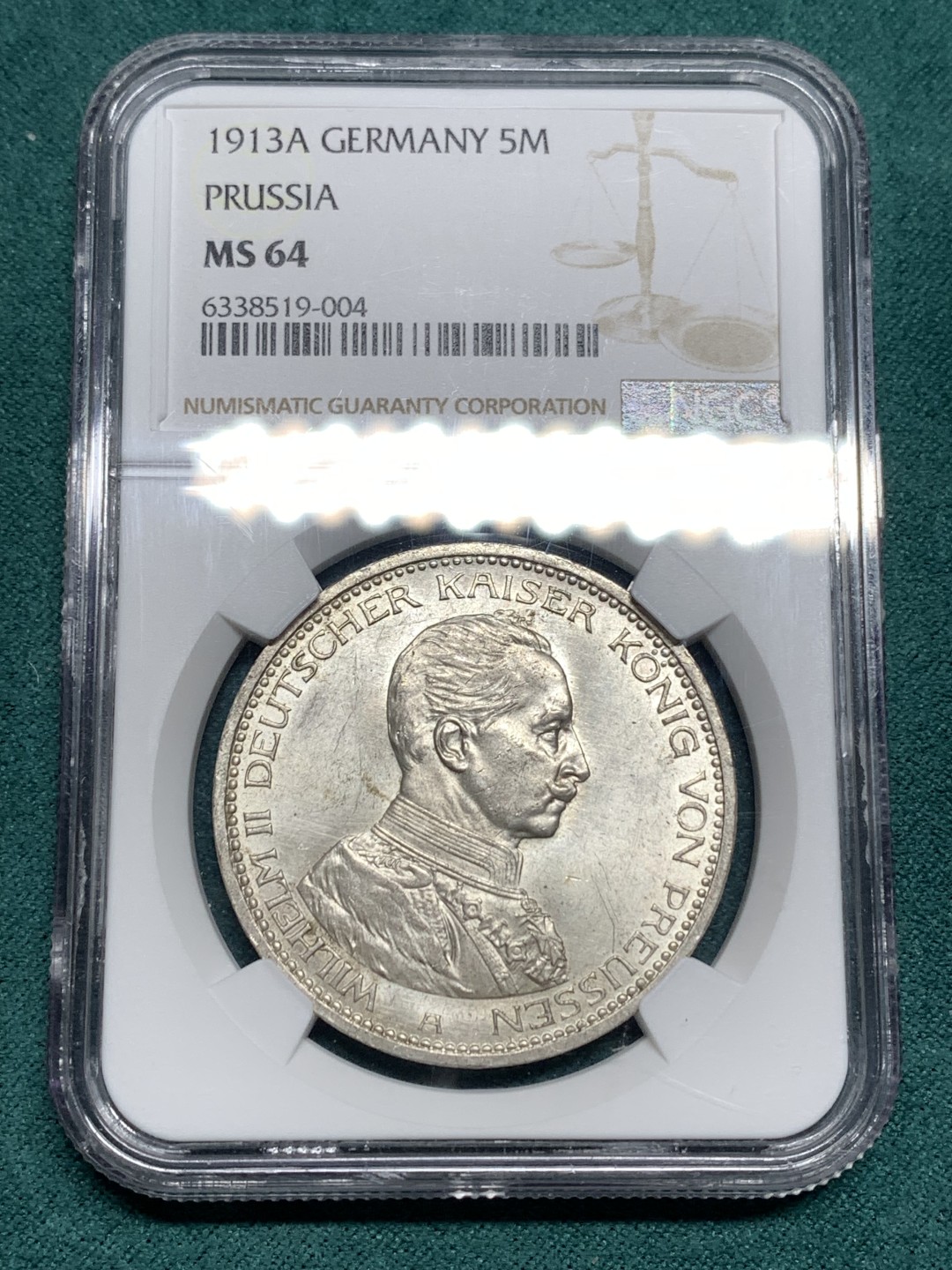 《竞宝斋》第167场-周日，周一，周四 3场 (全场包邮) NGC-MS64 德国 1913 普鲁士威廉二世执政25周年纪念5马克银币 威廉二世戎装5马克  底版镜面细节锐利 压印饱满