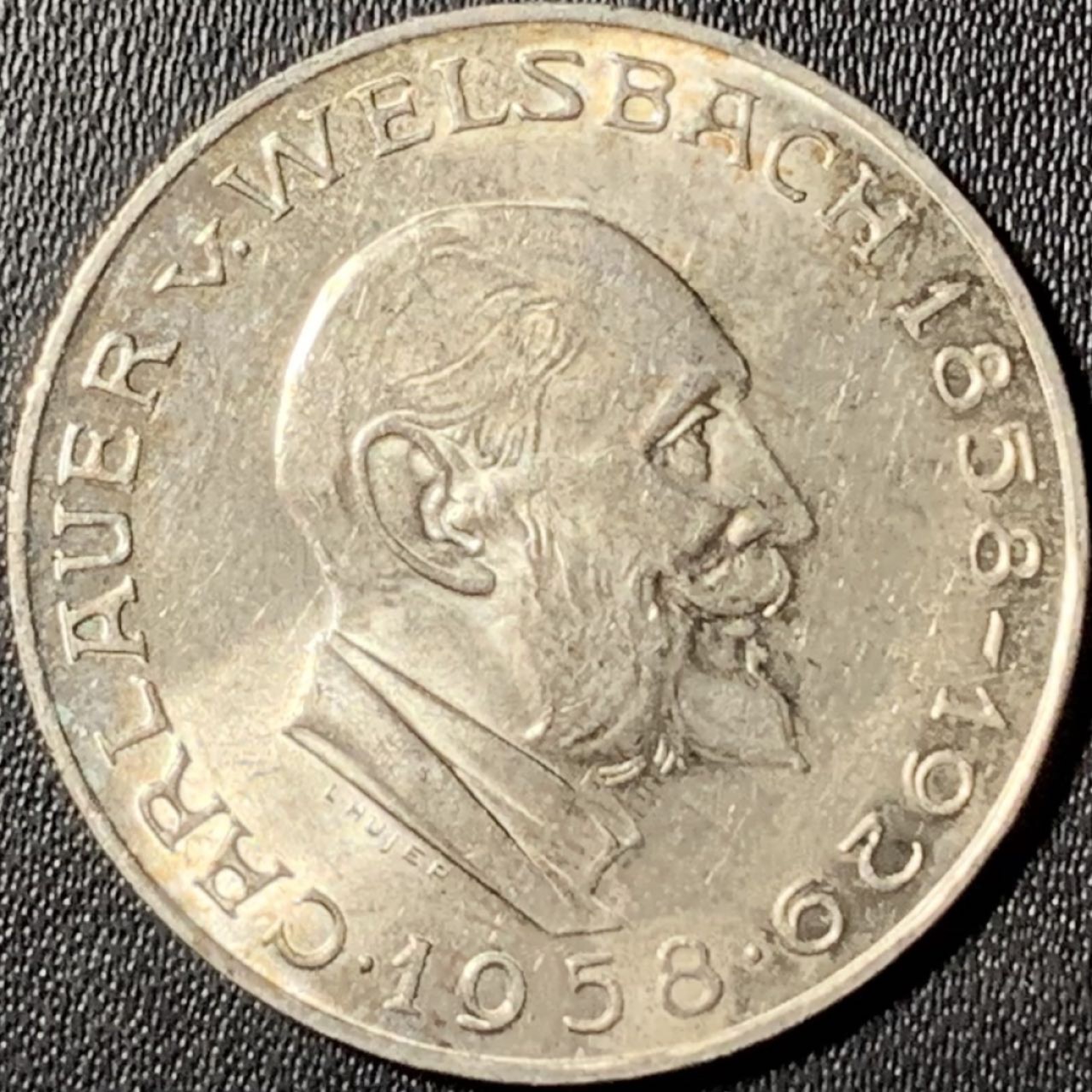 紫瑗钱币——第315期拍卖 奥地利 1958年 化学家奥尔诞辰100周年 25先令 13克 0.8银 UNC