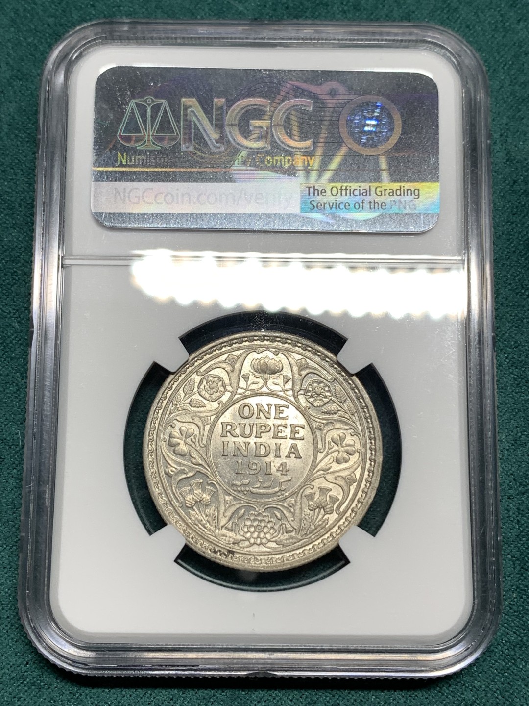 《竞宝斋》第167场-周日，周一，周四 3场 (全场包邮) NGC MS62 英属印度 1914 乔五卢比银币，状态不错的一枚