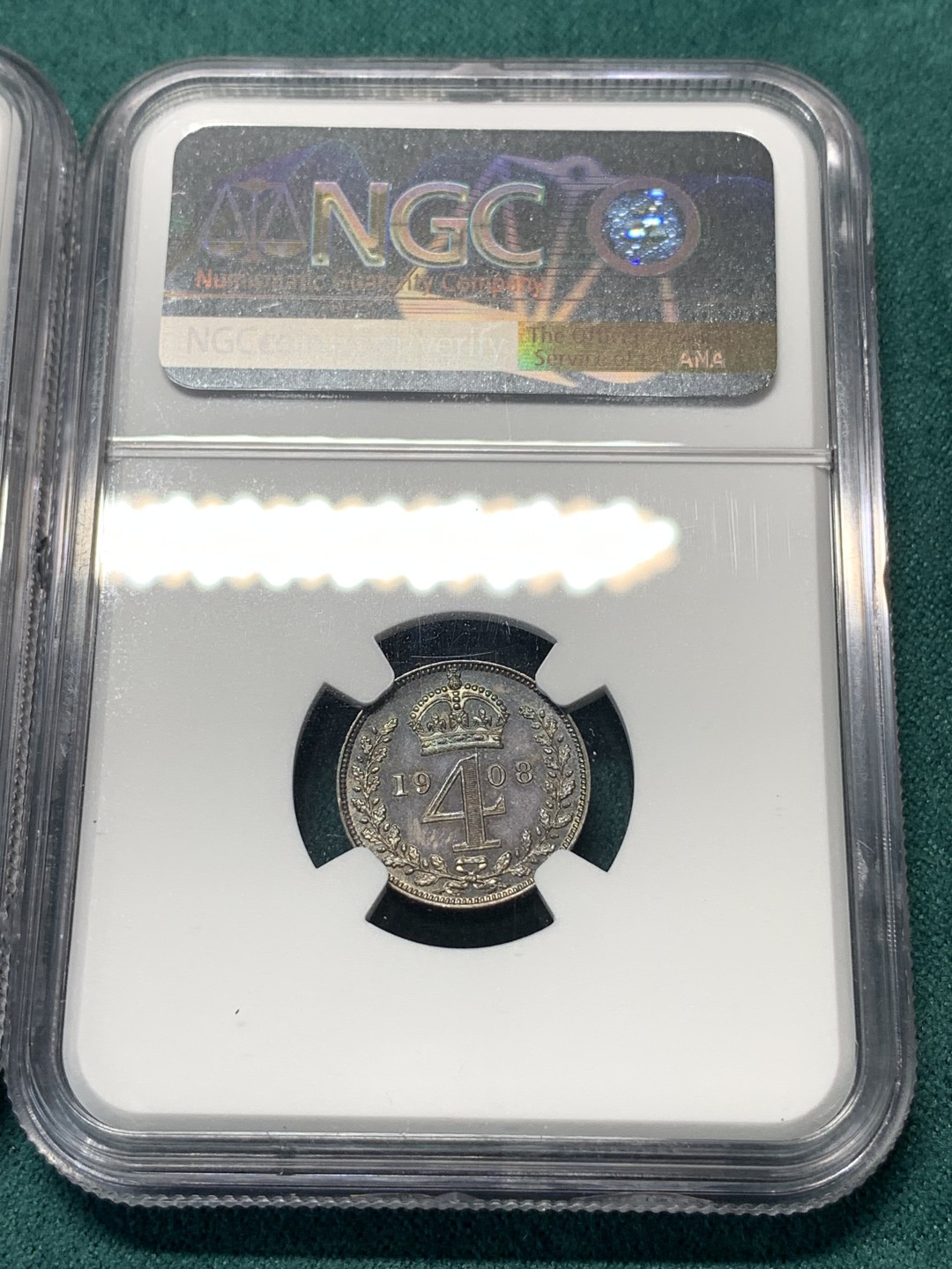 《竞宝斋》第167场-周日，周一，周四 3场 (全场包邮) 1908年 英国濯足银币NGC一套4枚，带原盒。1P MS65，2P MS64，3P MS63，4P MS62