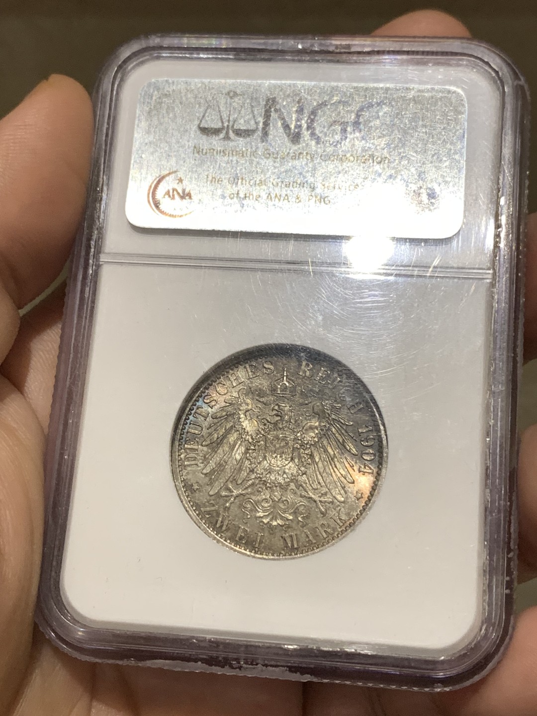 《竞宝斋》第167场-周日，周一，周四 3场 (全场包邮) NGC-MS64 德国 1904 普鲁士威廉二世 流通2马克银币 NGC老盒严评 五彩包浆 65以上价格已接近翻倍 64性价比好