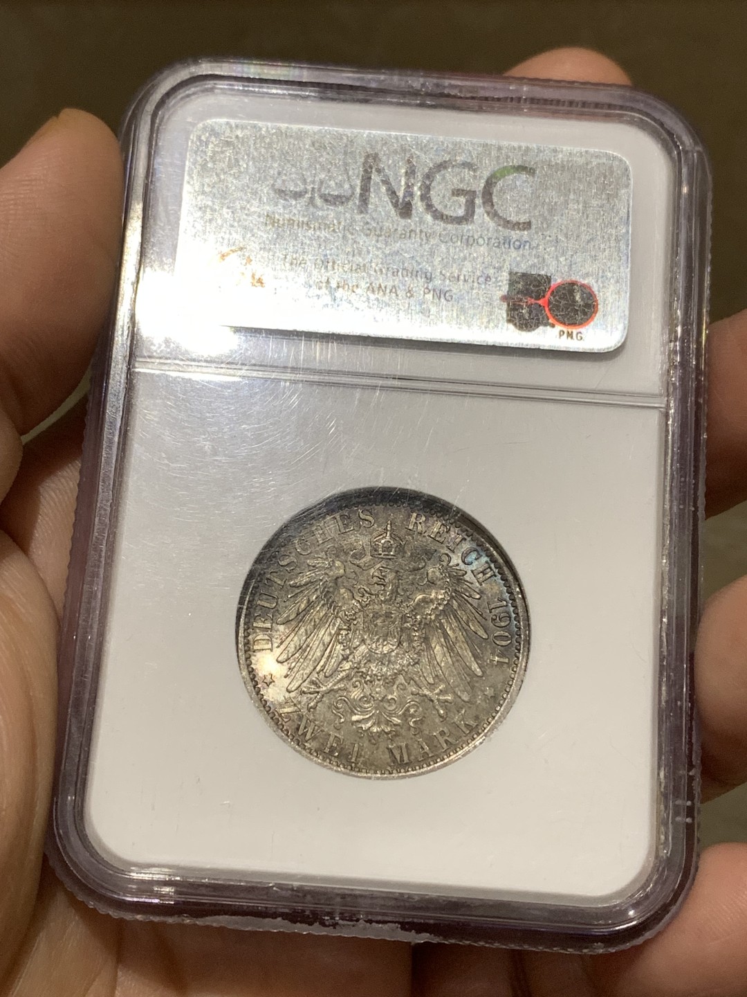 《竞宝斋》第167场-周日，周一，周四 3场 (全场包邮) NGC-MS64 德国 1904 普鲁士威廉二世 流通2马克银币 NGC老盒严评 五彩包浆 65以上价格已接近翻倍 64性价比好