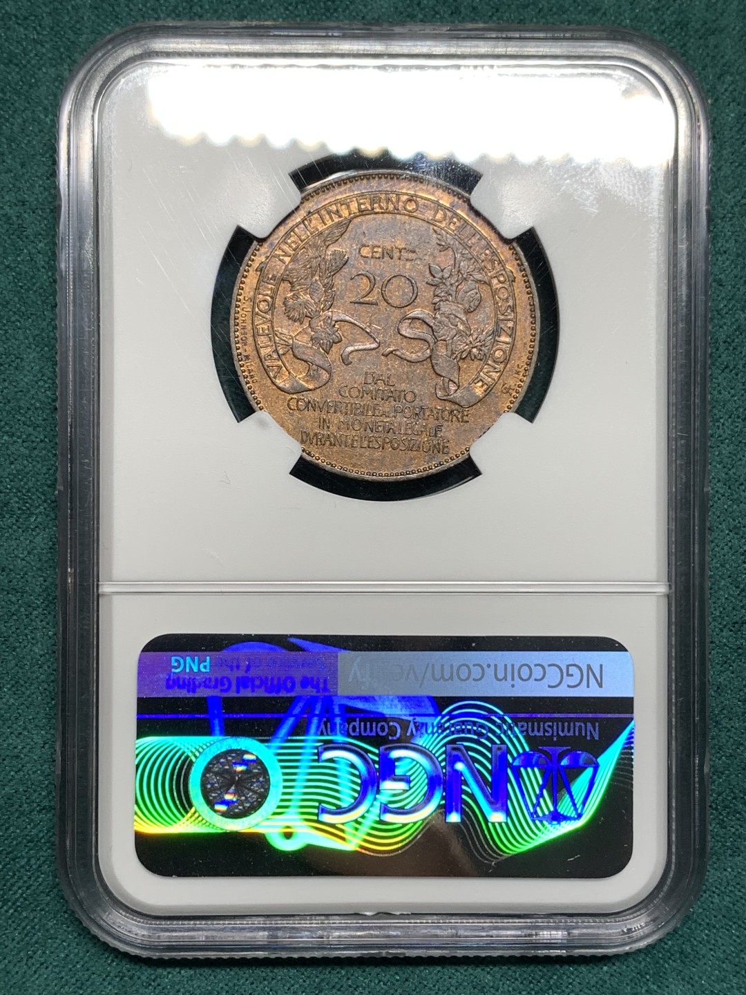 《竞宝斋》第167场-周日，周一，周四 3场 (全场包邮) NGC MS61 意大利 1906年世博会20分代币 雕刻唯美 设计 艺术感极强 十分难找 有价无市