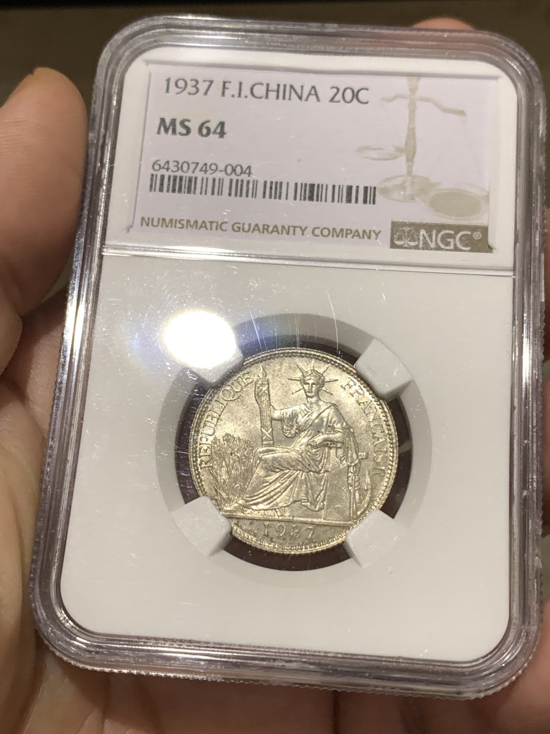 《竞宝斋》第167场-周日，周一，周四 3场 (全场包邮) NGC-MS64 法属印支1937年小坐洋 20分银币