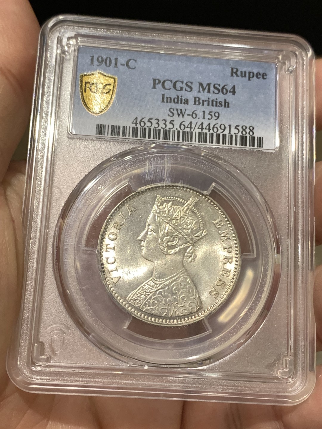 《竞宝斋》第167场-周日，周一，周四 3场 (全场包邮) PCGS-MS64分，英属印度 1901 小维多利亚1卢比银币，稀少版别，亚军分，ngc最高64分