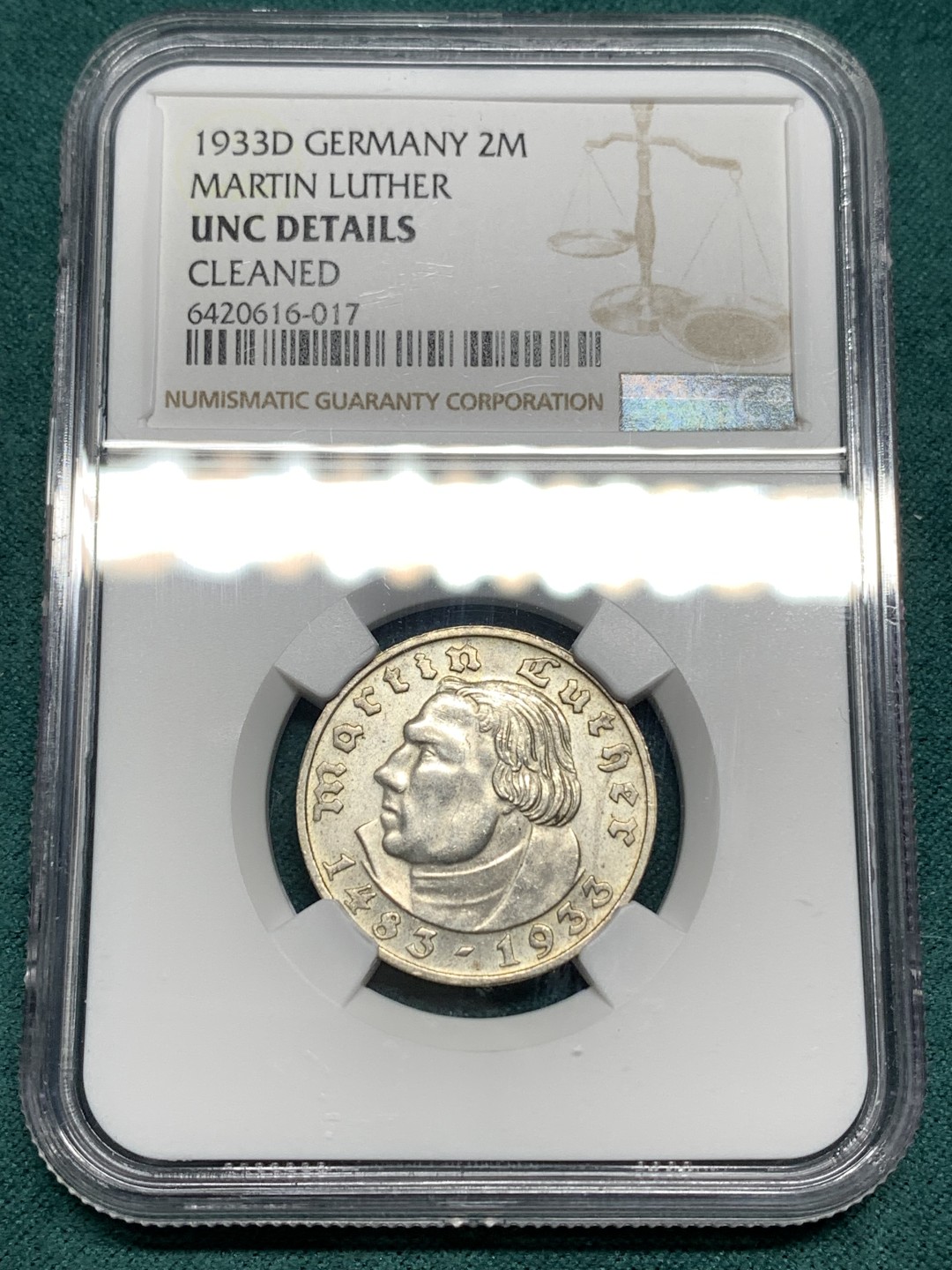 《竞宝斋》第167场-周日，周一，周四 3场 (全场包邮) NGC UNC 德国1933年D版路德2马克银币 转光好 低评