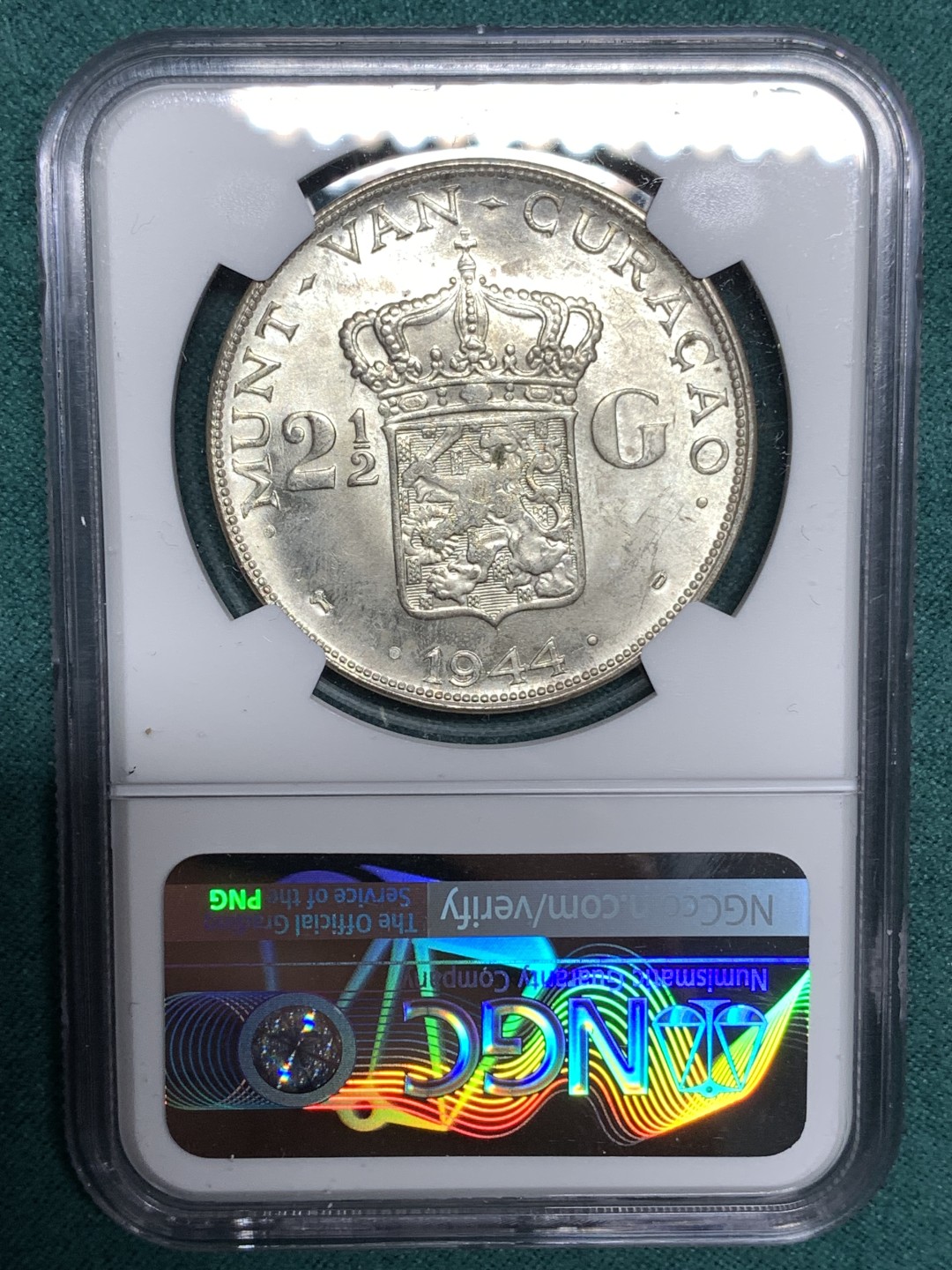 《竞宝斋》第167场-周日，周一，周四 3场 (全场包邮) NGC UNC 荷属库拉索 1944 威廉明娜 2.5G大银币