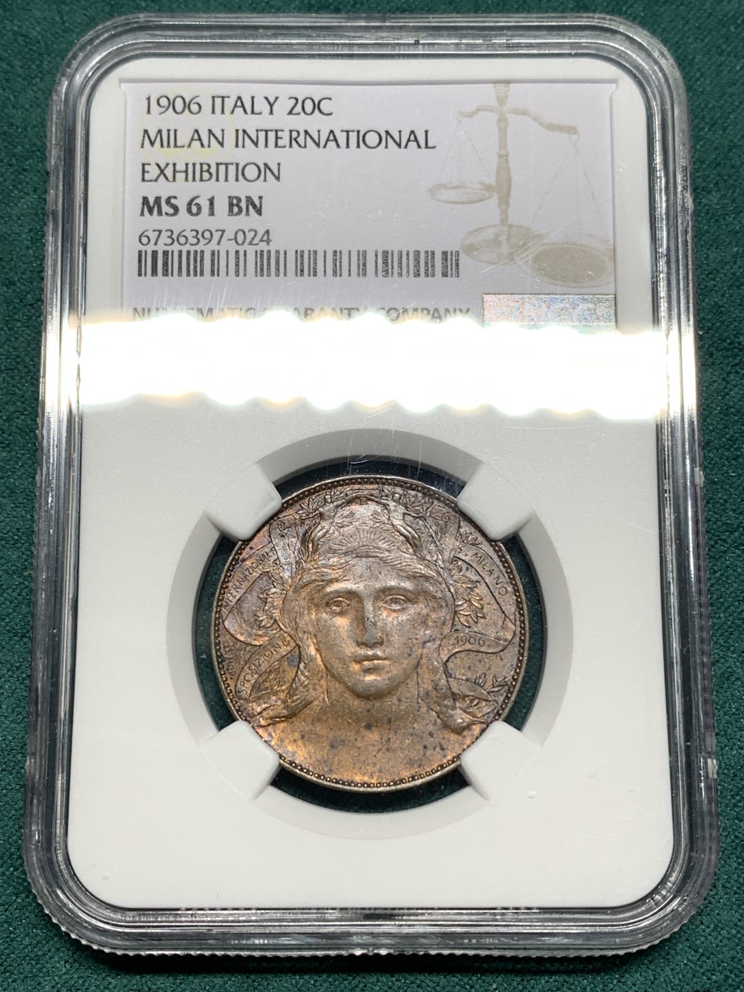 《竞宝斋》第167场-周日，周一，周四 3场 (全场包邮) NGC MS61 意大利 1906年世博会20分代币 雕刻唯美 设计 艺术感极强 十分难找 有价无市