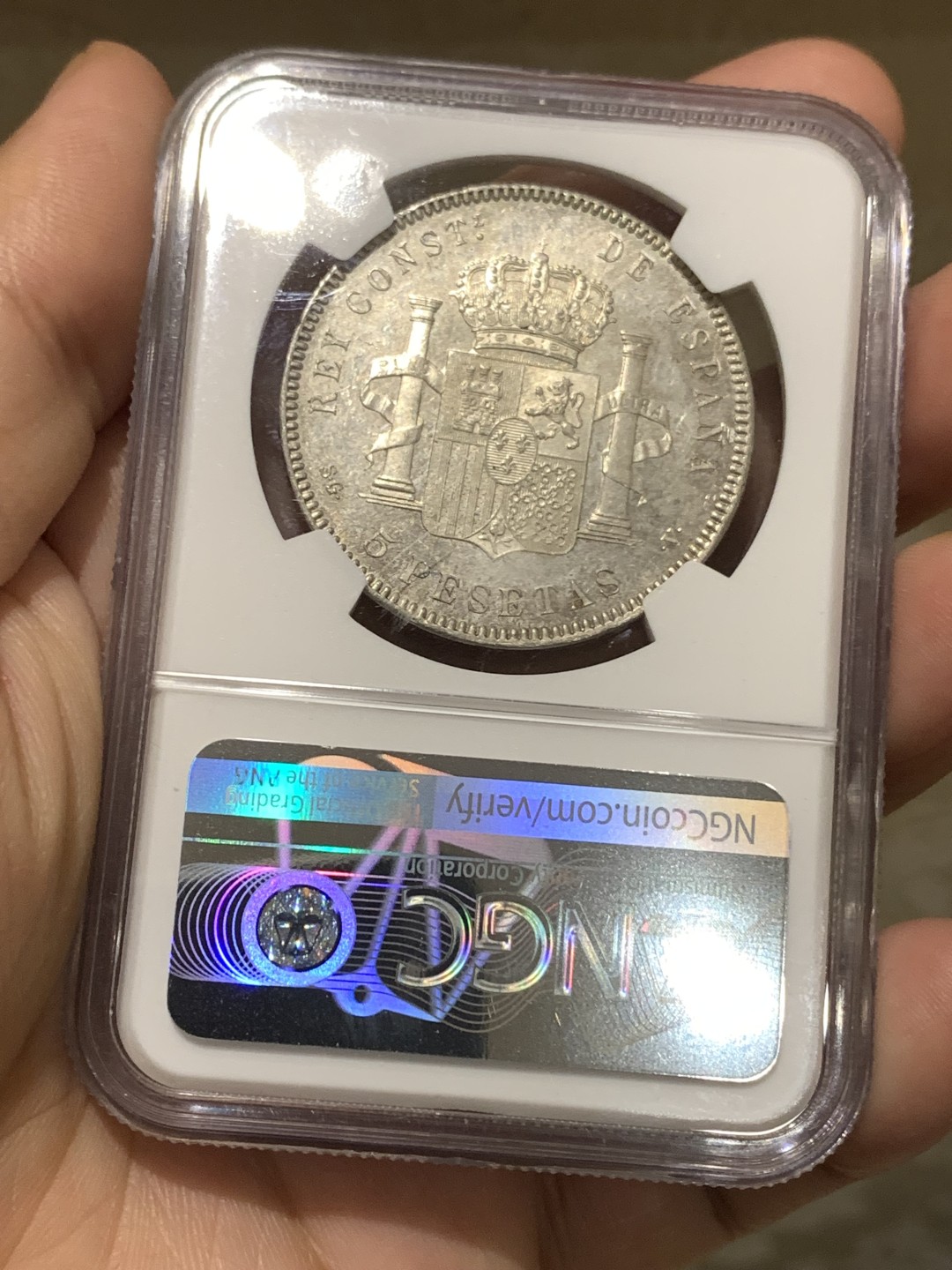 《竞宝斋》第167场-周日，周一，周四 3场 (全场包邮) NGC-MS62 西班牙 1899 SGV 阿方索十三世 双柱 5比塞塔 银币