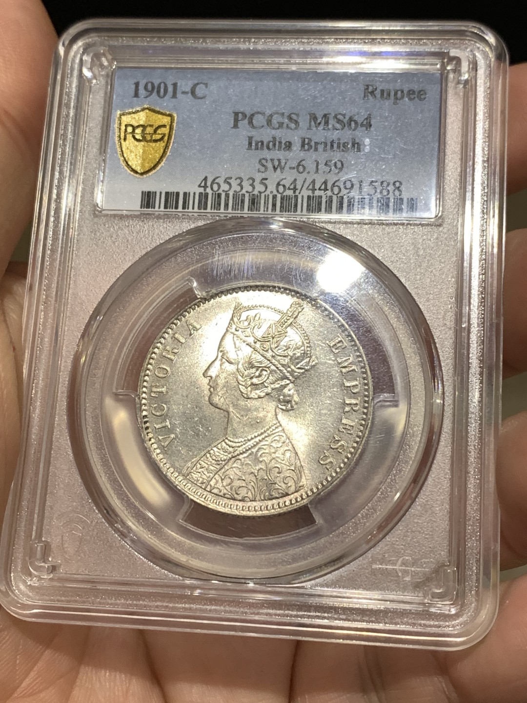《竞宝斋》第167场-周日，周一，周四 3场 (全场包邮) PCGS-MS64分，英属印度 1901 小维多利亚1卢比银币，稀少版别，亚军分，ngc最高64分