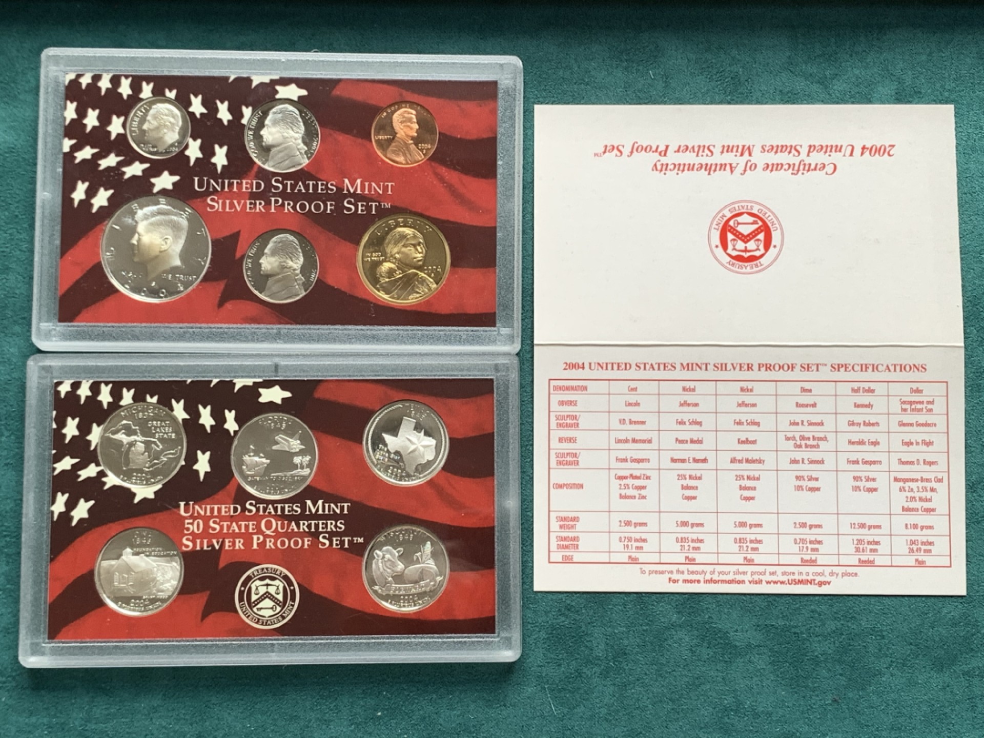 《竞宝斋》第167场-周日，周一，周四 3场 (全场包邮) 2004年美国精制银质套币，含1枚50美分，5枚25美分，1枚10美分共7枚银币