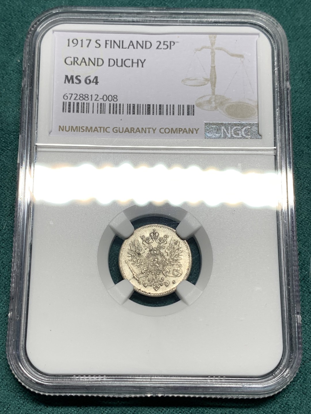 《竞宝斋》第167场-周日，周一，周四 3场 (全场包邮) NGC MS64 1917年 俄占芬兰 25P 银币 味道细节好