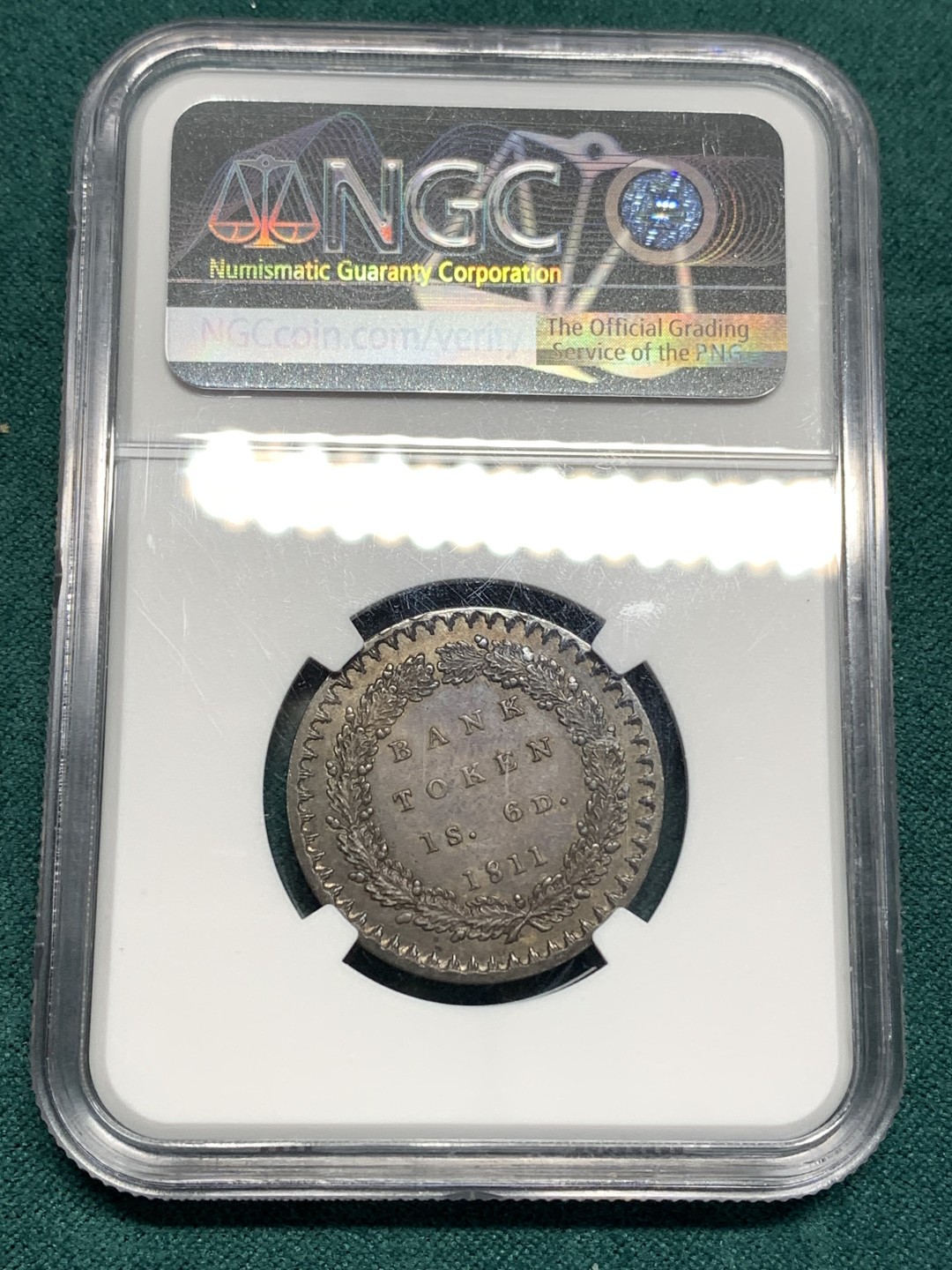 《竞宝斋》第167场-周日，周一，周四 3场 (全场包邮) NGC MS65 英国英格兰银行 1811年 乔治三世 1先令6便士（18便士）银行官方代币 双面紫罗兰包浆 高分难寻 收藏级品相