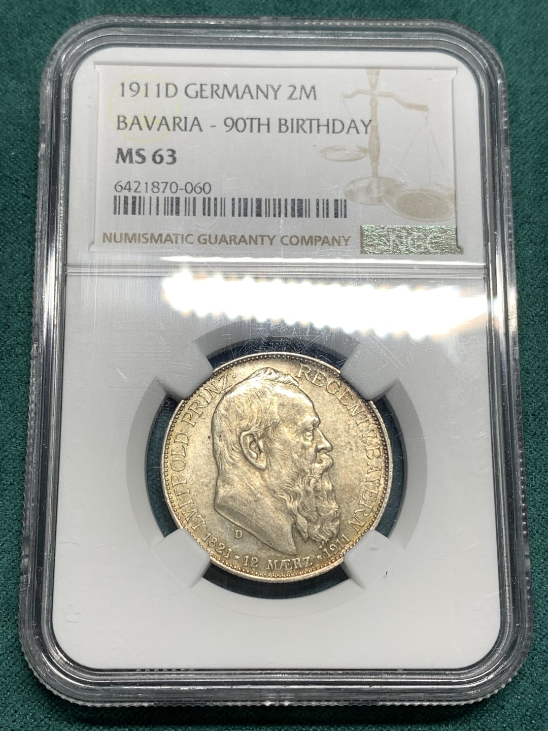 《竞宝斋》第167场-周日，周一，周四 3场 (全场包邮) NGC-MS63 德国 1911年 巴伐利亚 2马克 90大寿 银币 黄油彩