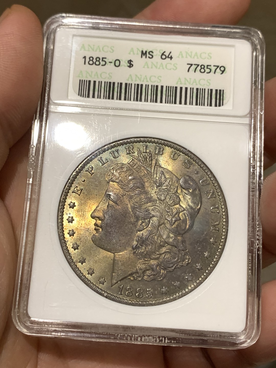 《竞宝斋》第167场-周日，周一，周四 3场 (全场包邮) ANACS-MS64 1885年 美国 摩根币 一美元 绝版小白盒 感觉换盒能加分的状态 绝美包浆